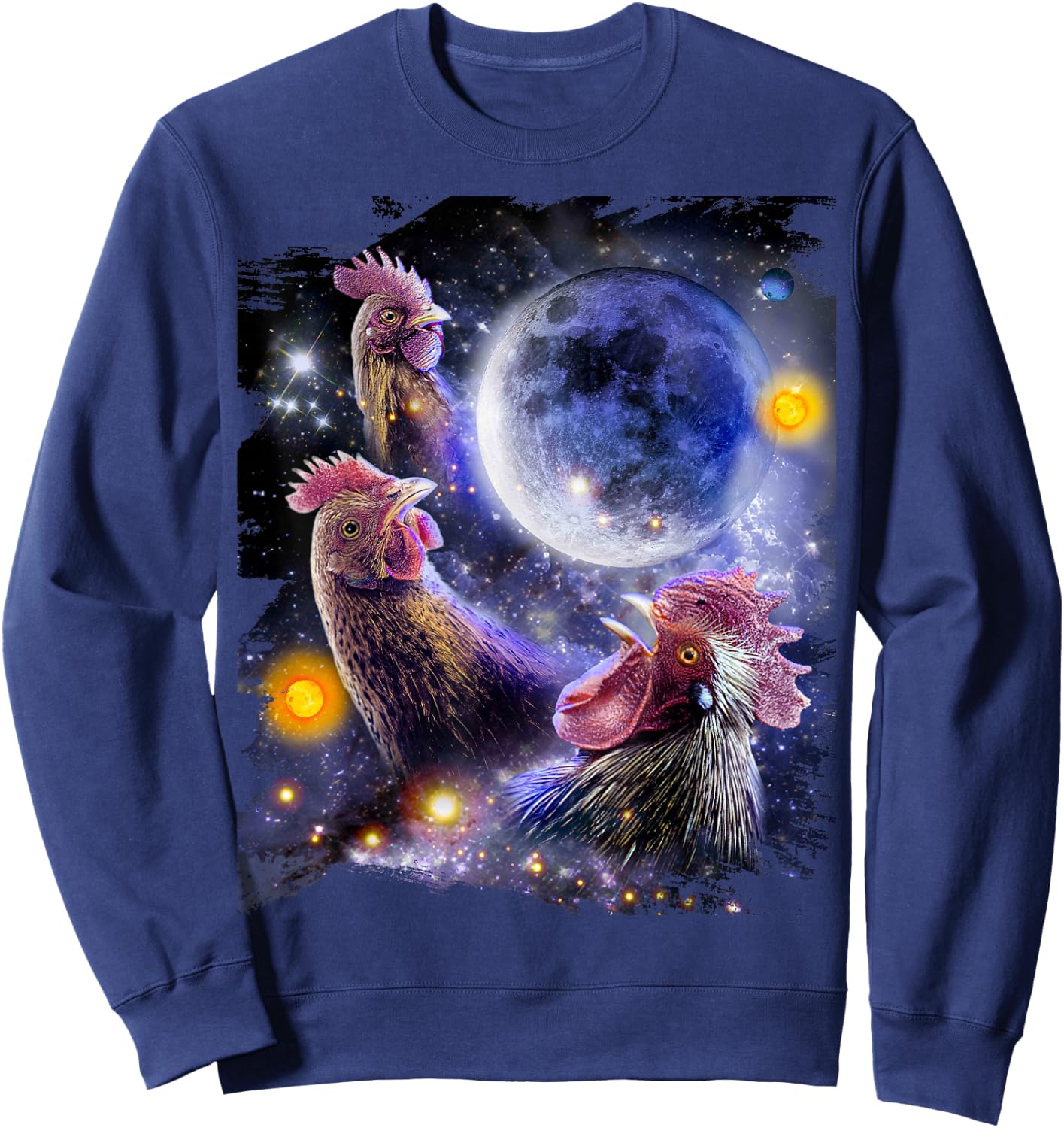 3 Three Chicken Moon, Cosmic Wolf Chickens Howling Sweatshirt - Sweatshirt | Navy