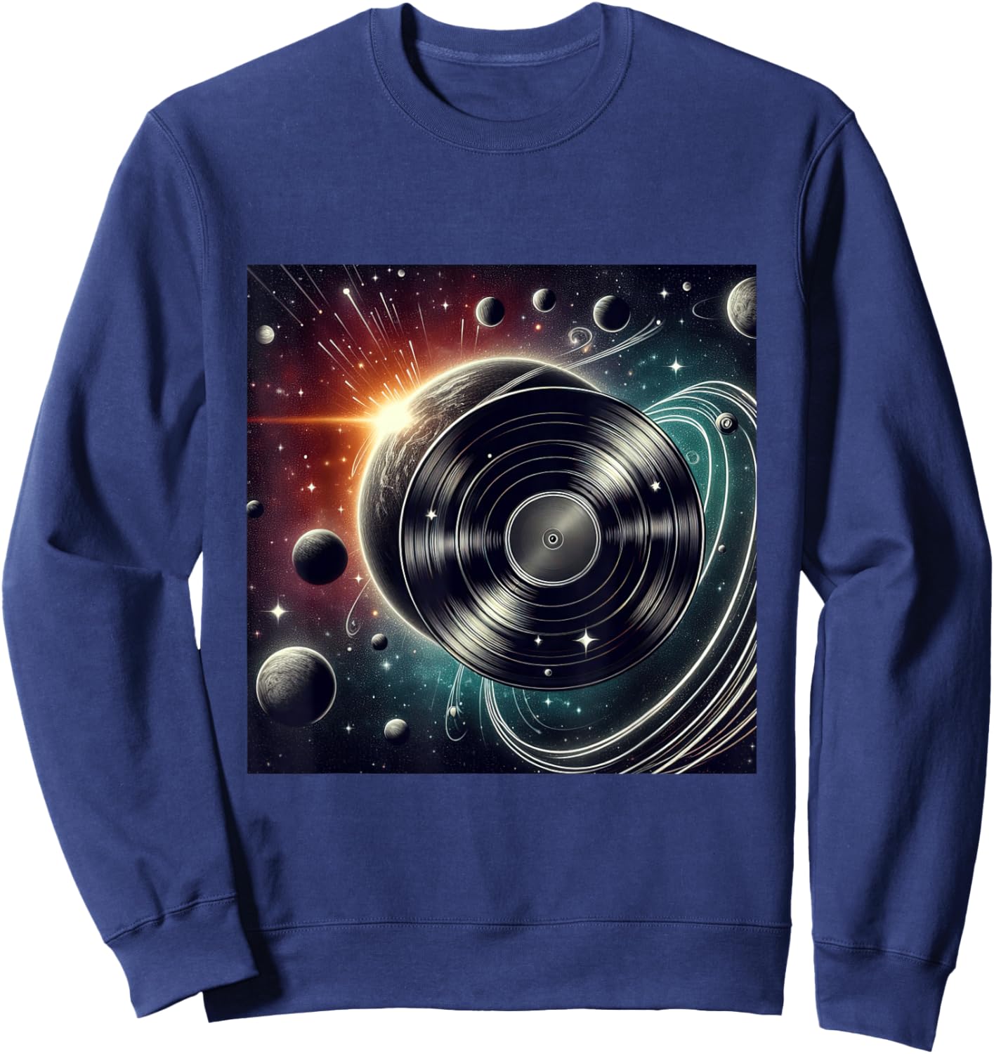 Vinyl Record Orbiting Through Space Cosmic Impact Sweatshirt - Sweatshirt | Navy