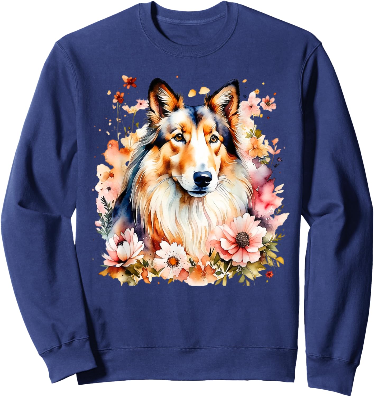 Rough Collie Dog Mama Mom Mum Doggy Mommy Watercolor Flower Sweatshirt - Sweatshirt | Navy