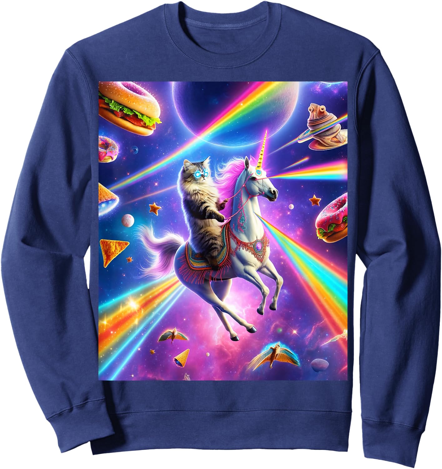 Laser Eyes Outer Space Cat Riding Llama Unicorn Ufo Tacos Men Women Sweatshirt - Sweatshirt | Navy
