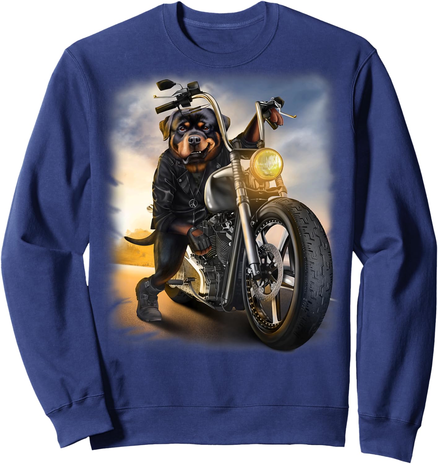 Rottweiler Dog Biker Riding Motorcycle at Sunset Sweatshirt - Sweatshirt | Navy