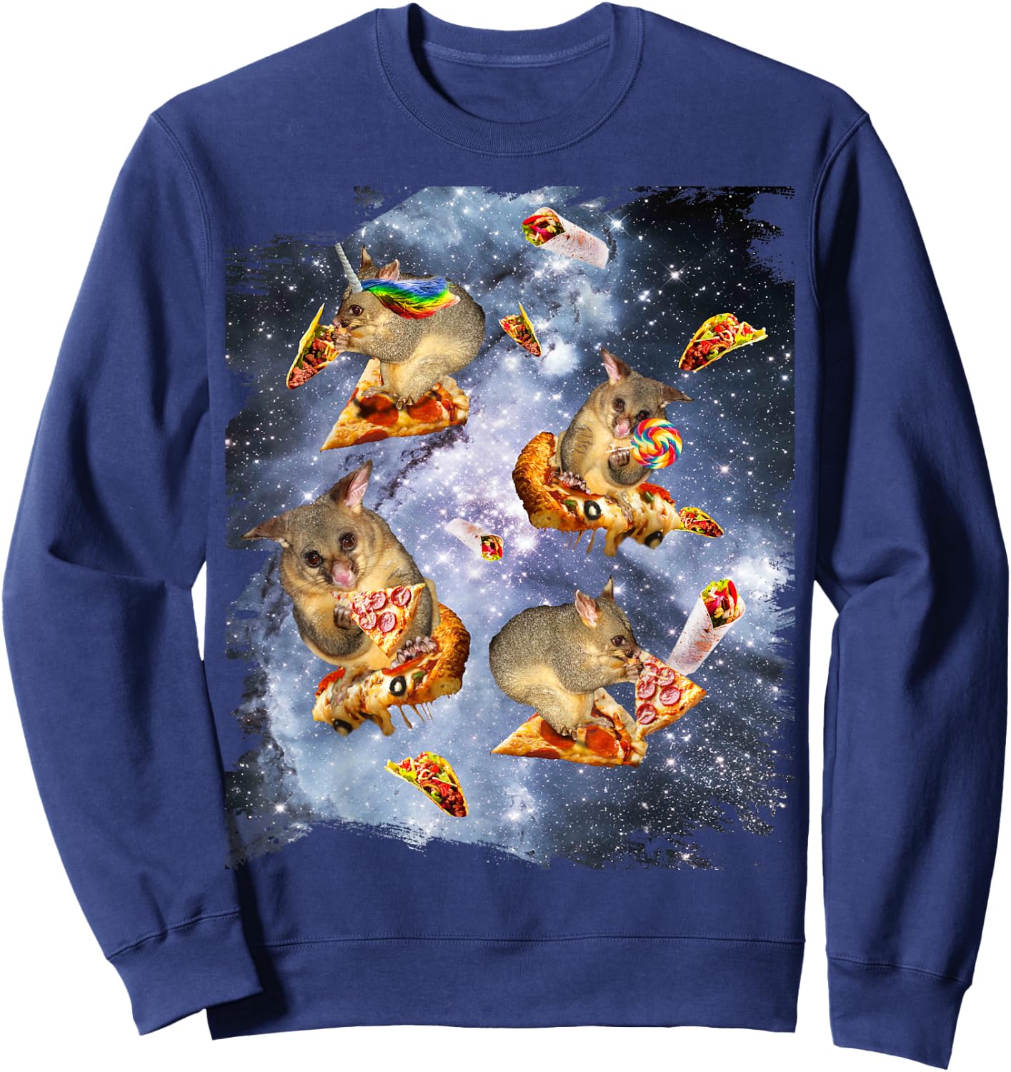 Space Possum On Pizza Taco, Galaxy Opossum Funny Sweatshirt - Sweatshirt | Navy