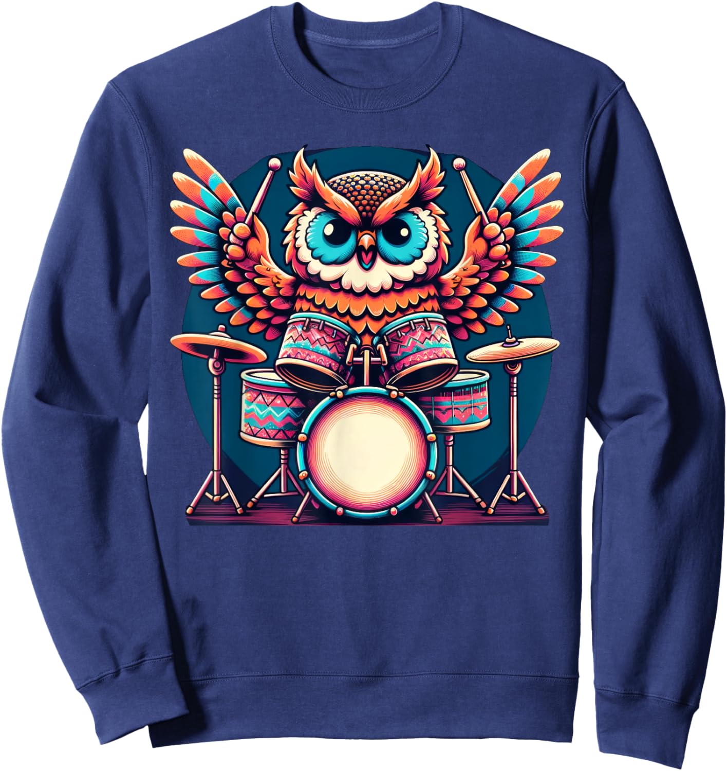 Cute Owl Playing Drums Owls Drummer Music Sweatshirt - Sweatshirt | Navy