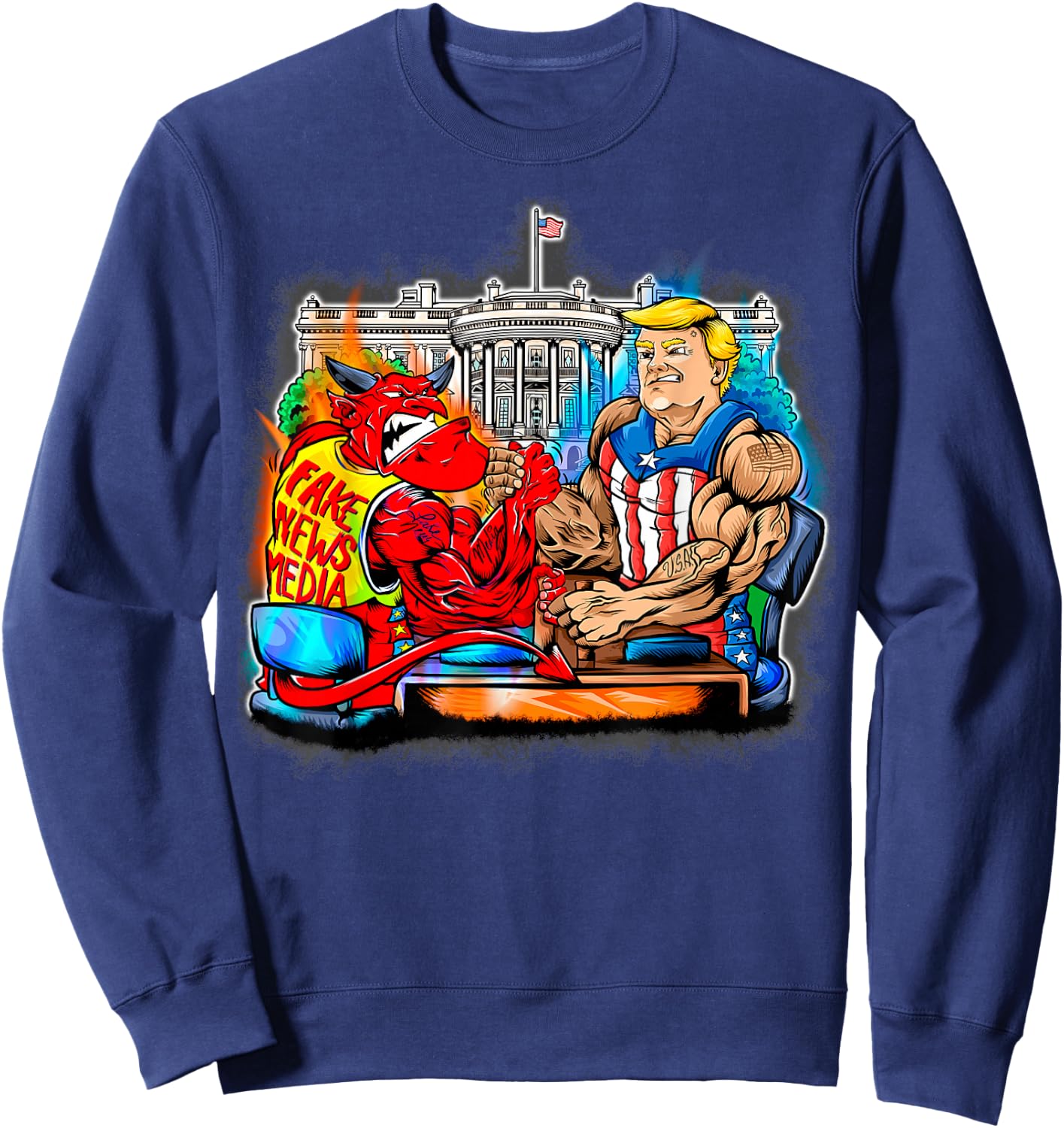 Donald Trump Arm Wrestling Satan Fake News Media Gift Sweatshirt - Sweatshirt | Navy