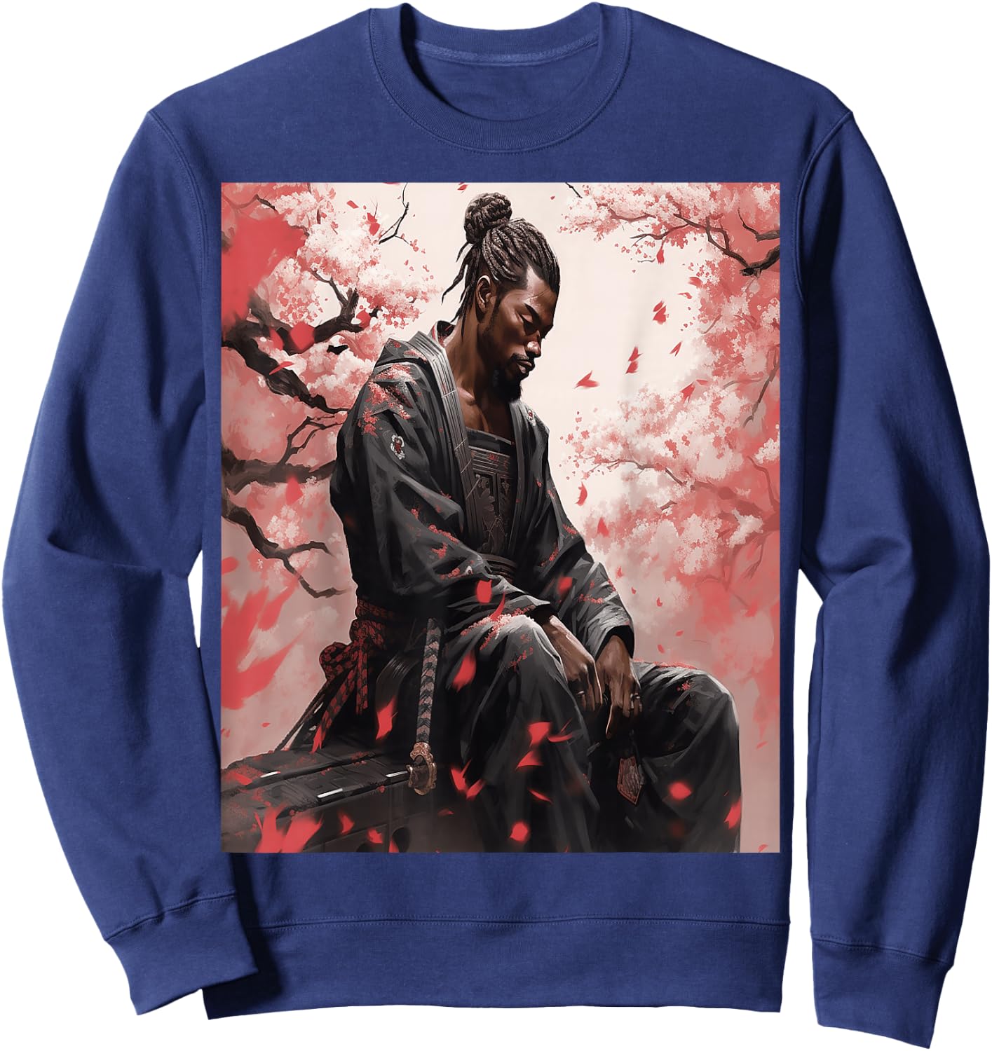 Black Samurai African Yasuke Meditating Under Cherry Blossom Sweatshirt - Sweatshirt | Navy