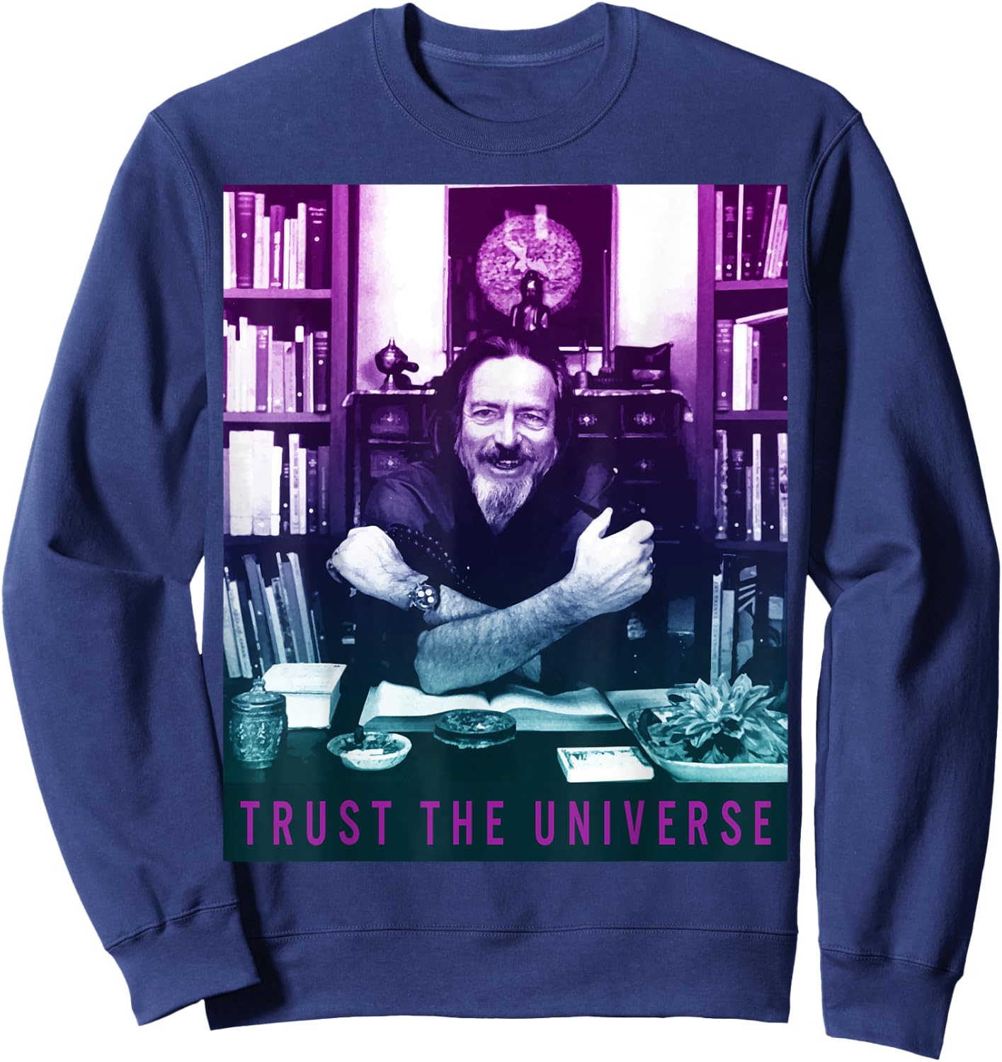 Quotes and Sayings Famous Philosophers Alan Watts Gradient Photo Trust The Universe Adults Men's Casual Yoga Black Small Sweatshirt - Sweatshirt | Navy