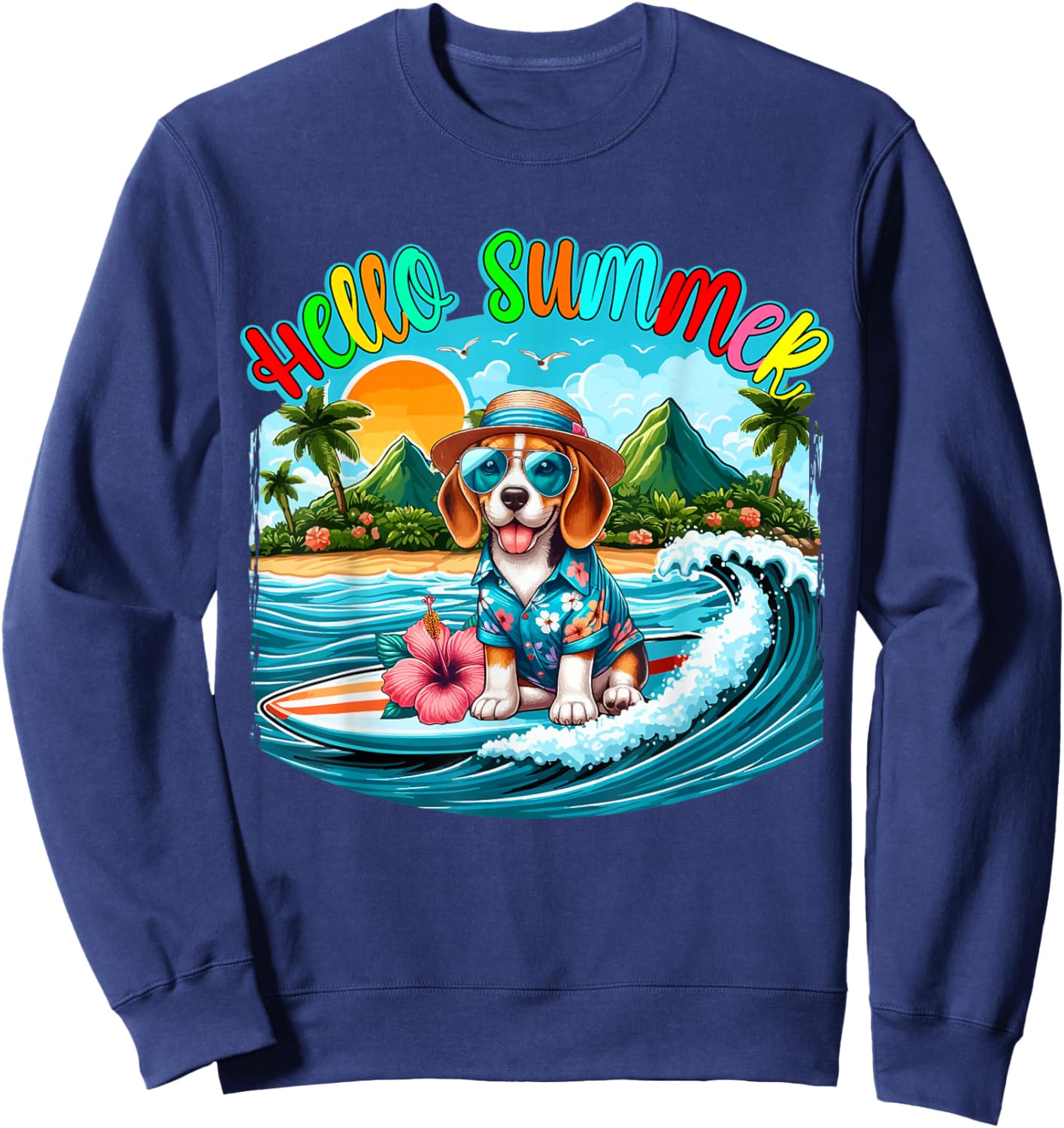 Summer Costume Beagle Sunglasses Surfing On Beach Surfer Sweatshirt - Sweatshirt | Navy