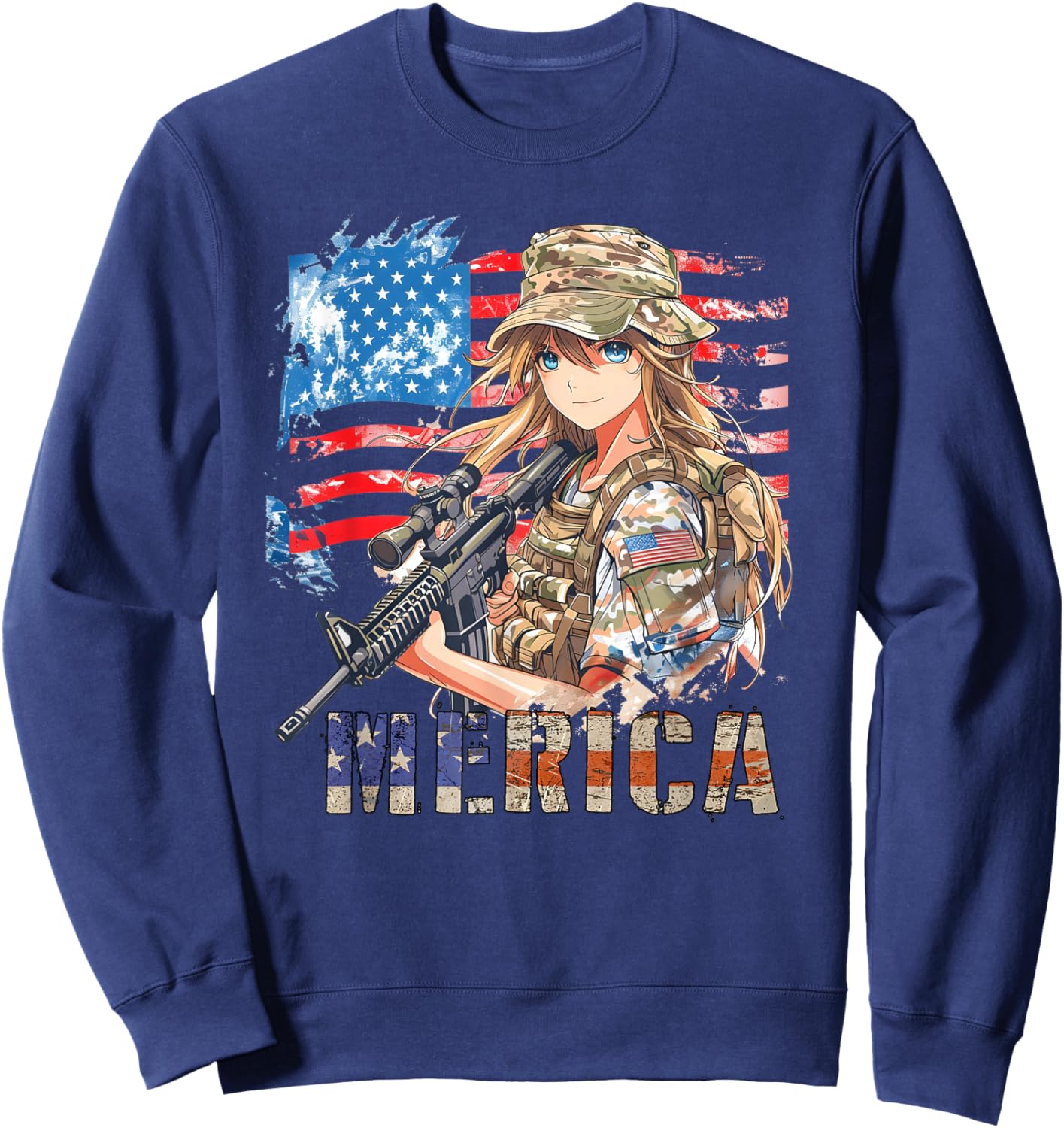 4th Of July Military Anime Girl Patriotic Kid Women US Flag Sweatshirt - Sweatshirt | Navy
