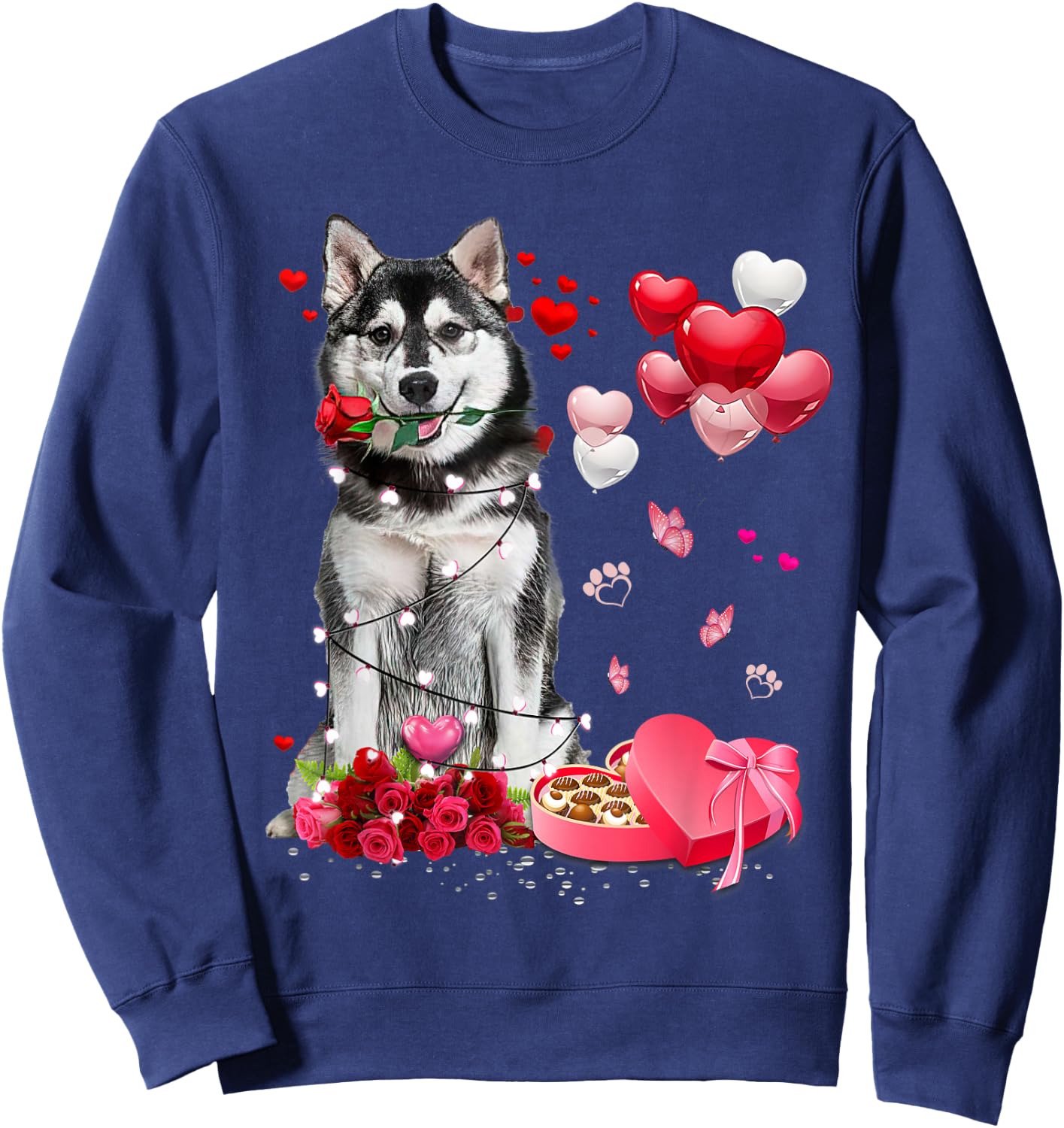 Funny Husky Rose Heart Happy Valentine Day Dog Mom Sweatshirt - Sweatshirt | Navy