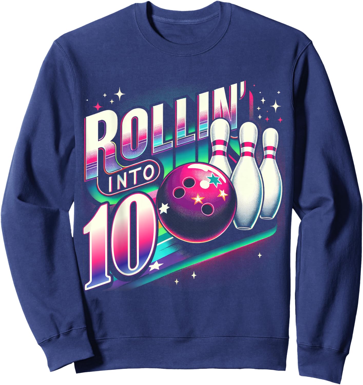 Bowling Birthday Rollin into 10 Party 10th Bday Retro Girl Sweatshirt - Sweatshirt | Navy