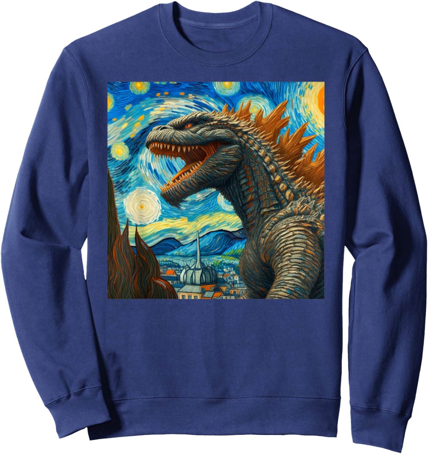 Vintage Japanese Monster Kaiju Van Gogh Starry Night Sweatshirt - Sweatshirt | Navy