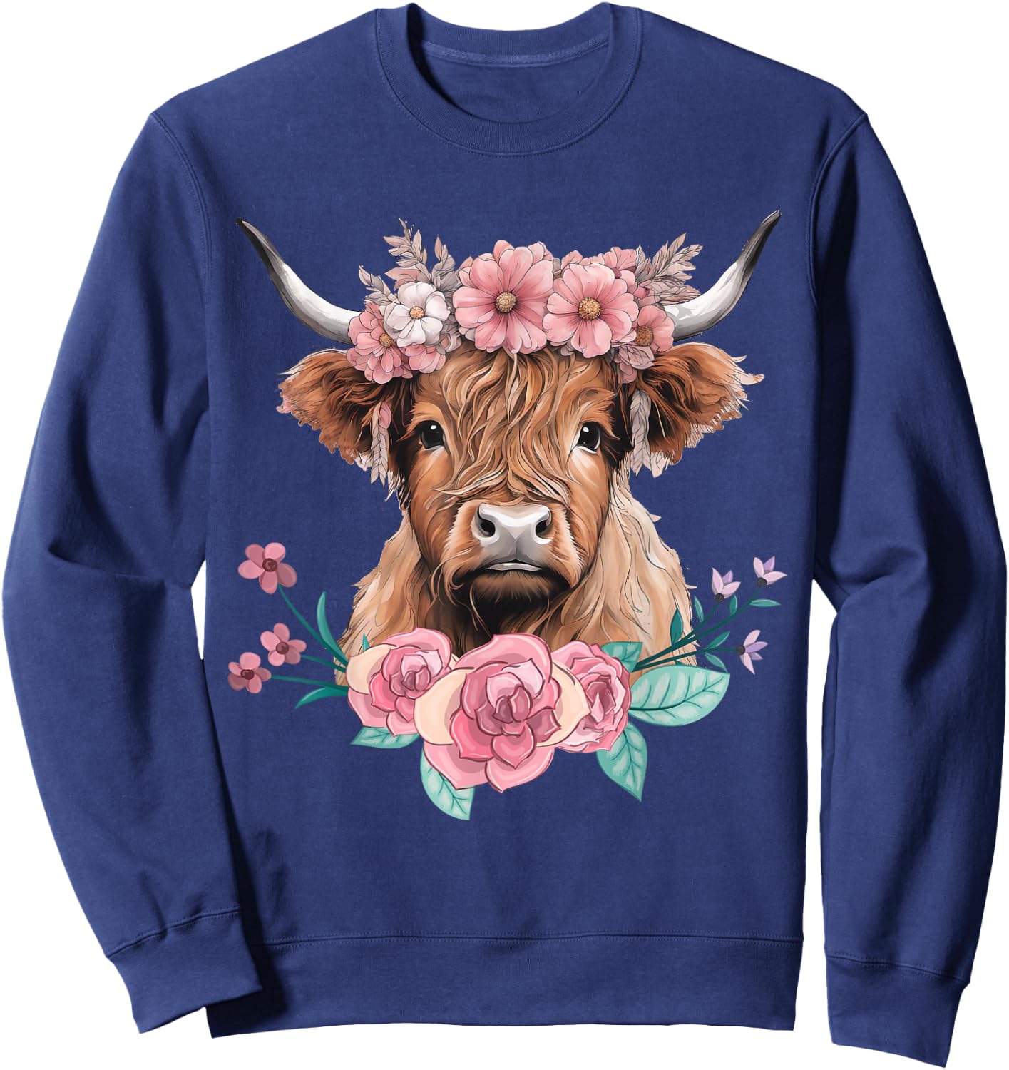 Cute Baby Highland Cow With flowers Calf Animal cow women Sweatshirt - Sweatshirt | Navy