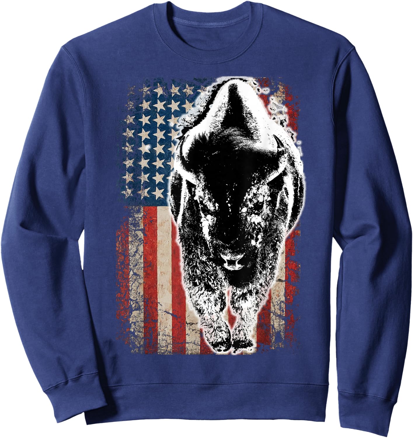 Vintage Buffalo American Flag Bison Sweatshirt - Sweatshirt | Navy