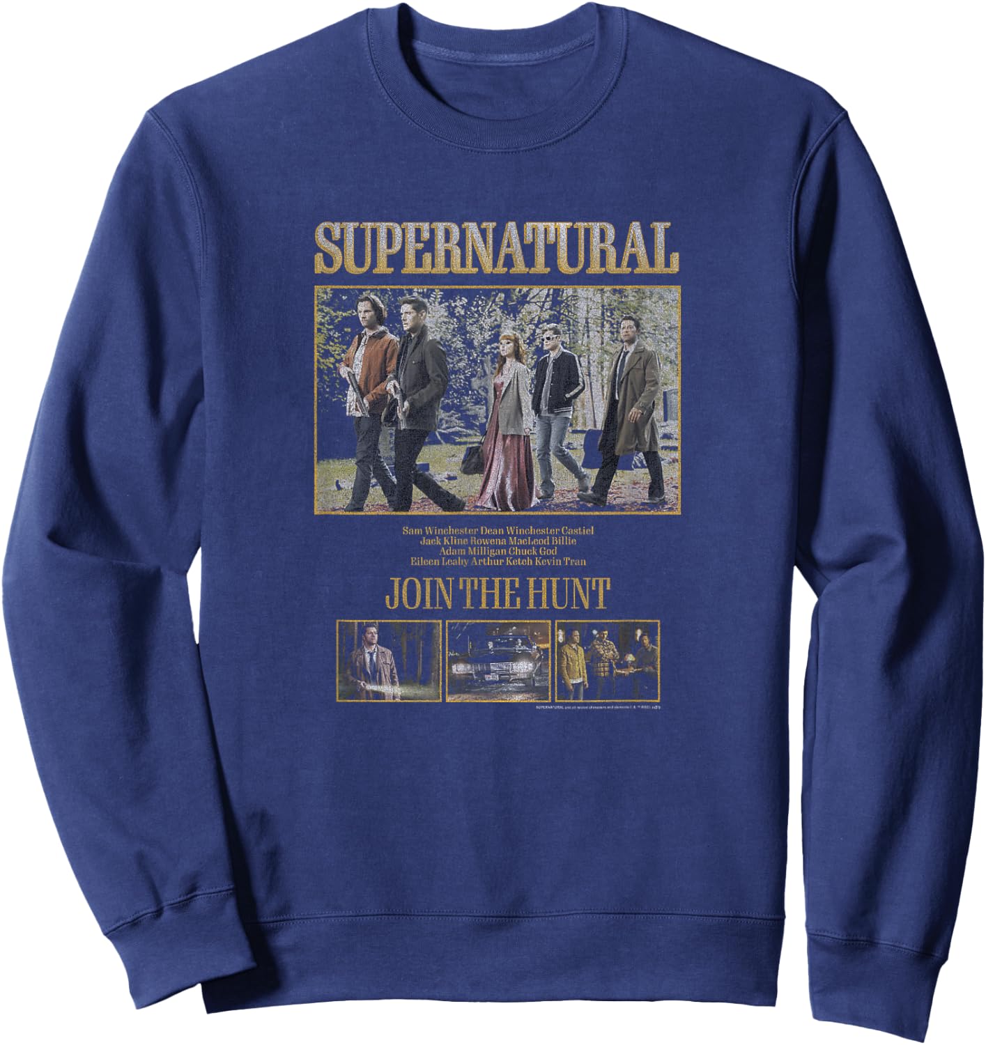 Supernatural Group Shot Boxy Join The Hunt Crew Names Sweatshirt - Sweatshirt | Navy