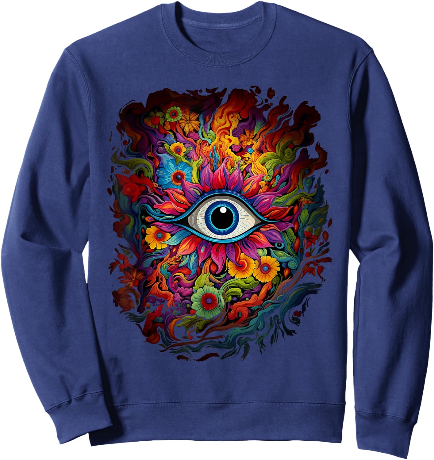 Psychedelic Third Eye Flower | Retro Colorful Floral Hippie Sweatshirt - Sweatshirt | Navy
