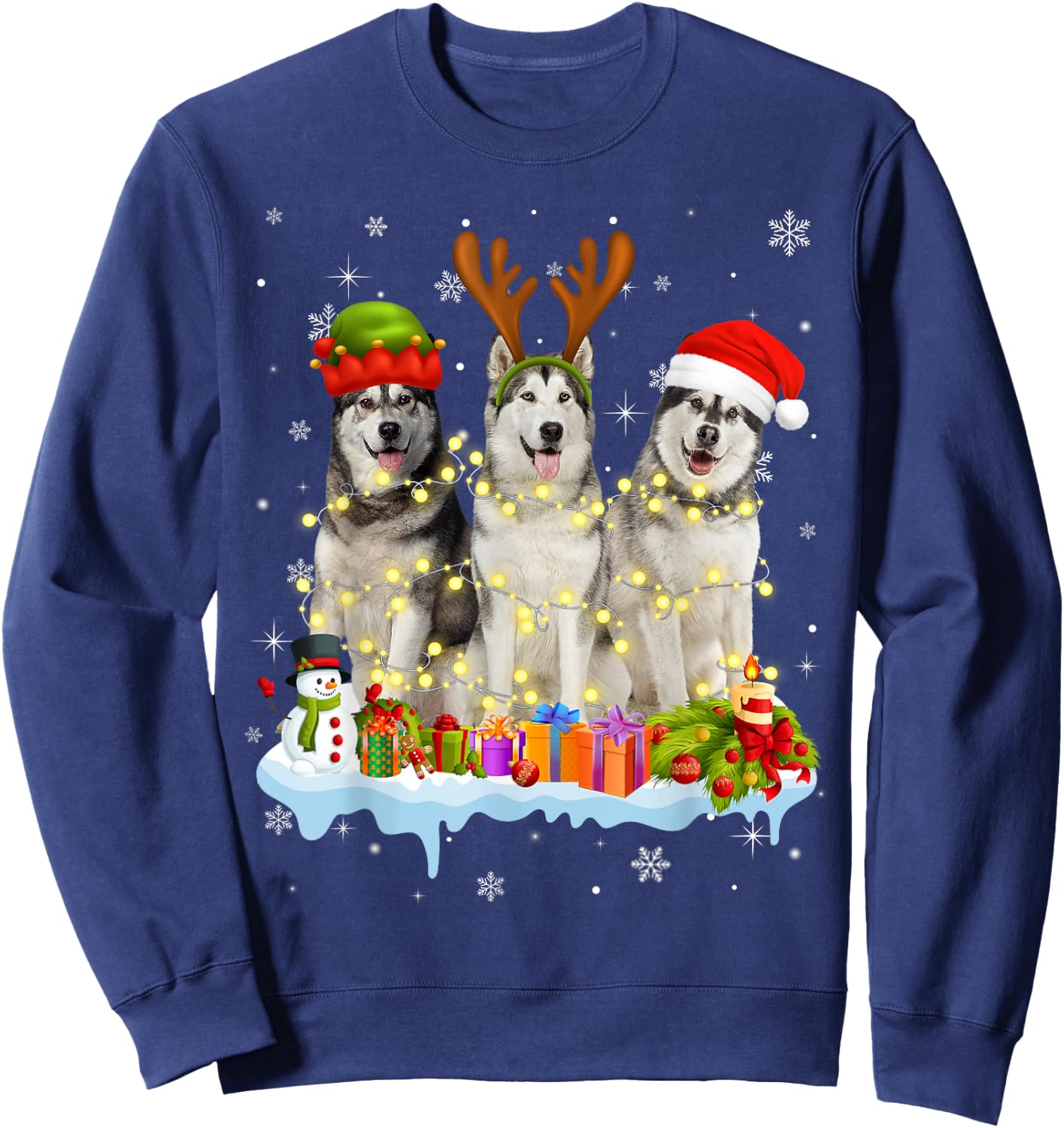 Cute Alaskan Malamute Santa Hat Christmas Light Xmas Sweatshirt - Sweatshirt | Navy