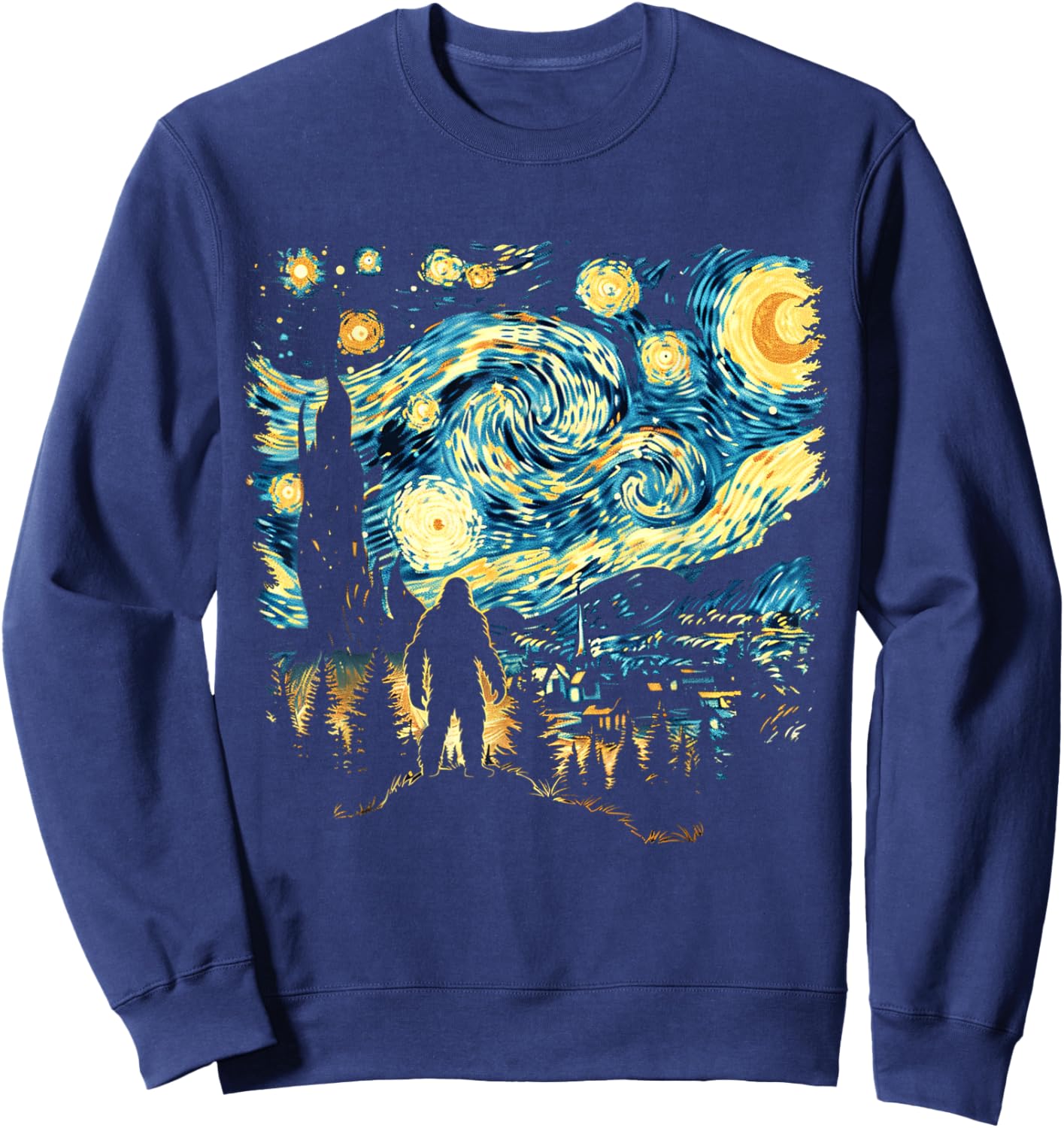 Funny Bigfoot Starry Night Sasquatch Van Gogh Sky Painting Sweatshirt - Sweatshirt | Navy