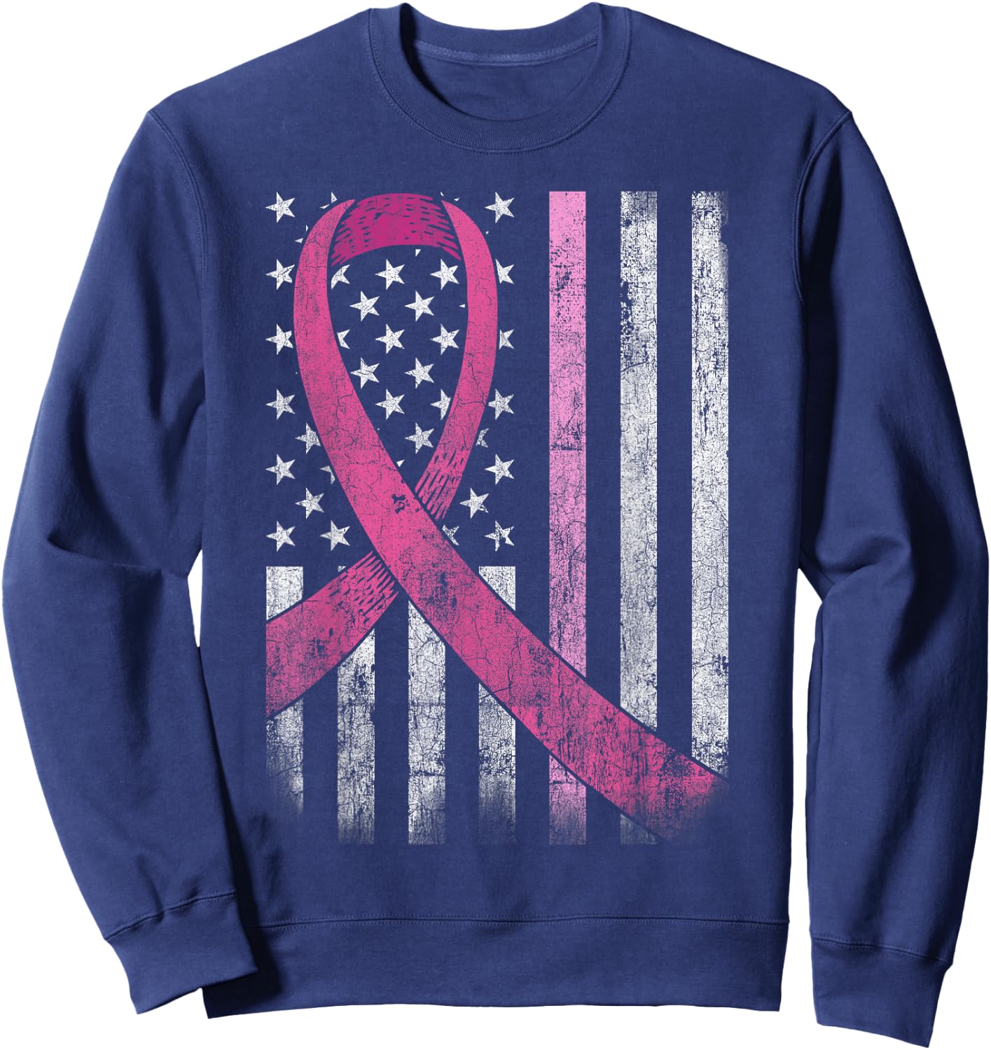 Breast Cancer Awareness American Flag Pink Ribbon Sweatshirt - Sweatshirt | Navy