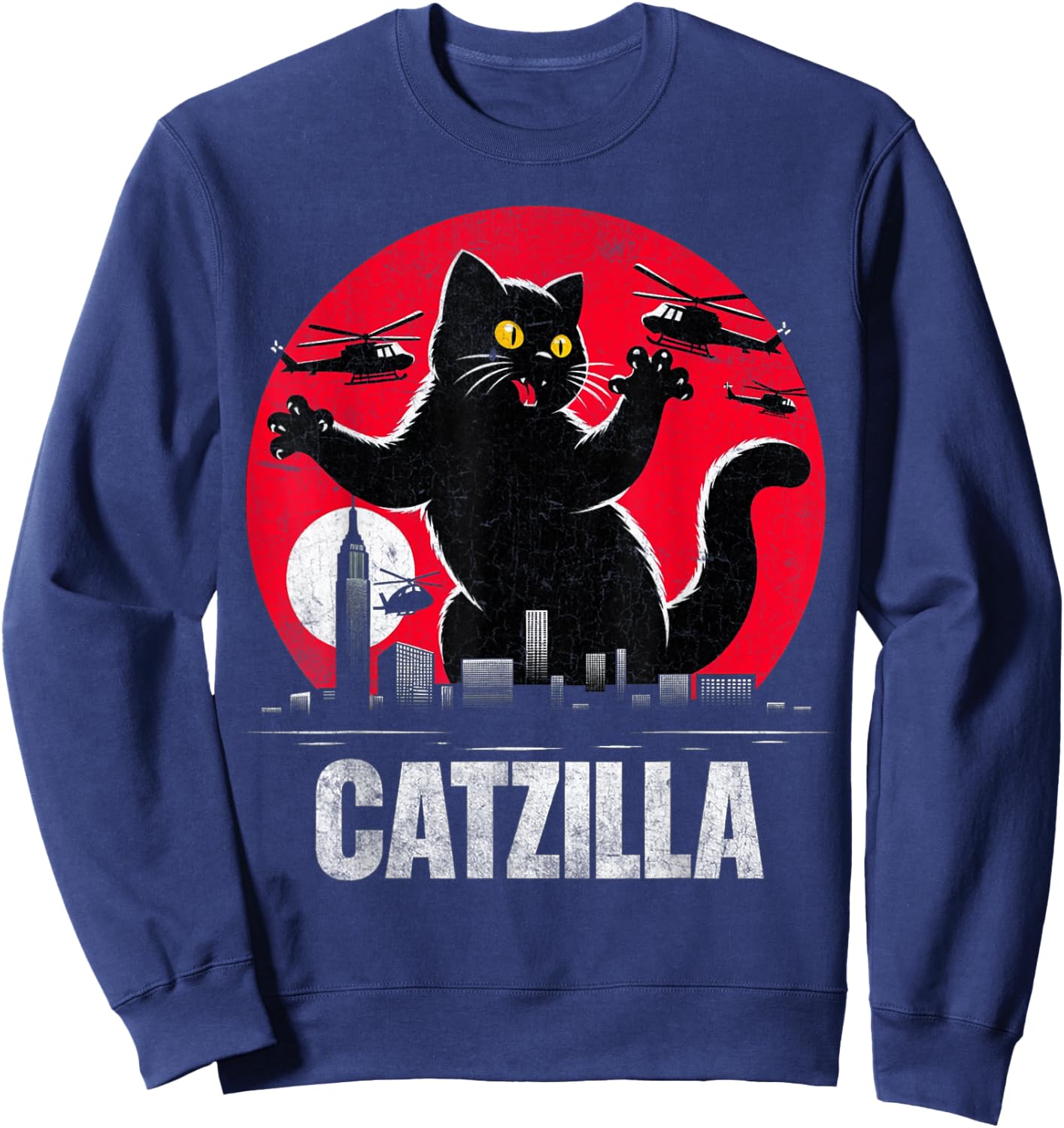 Retro Catzilla Funny Cat Lovers Graphic Gifts Cat Mom Dad Men Women Girls Kids Sweatshirt - Sweatshirt | Navy