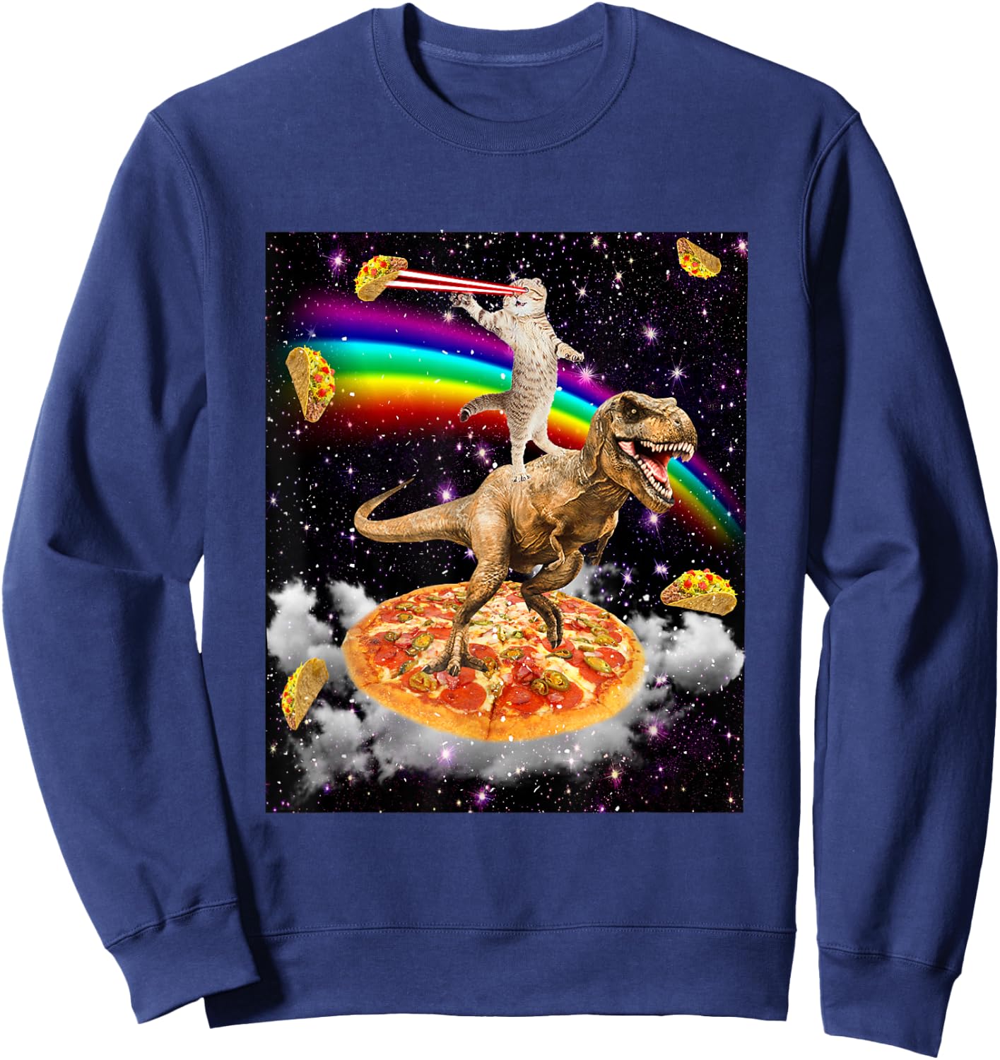 Galaxy Laser Cat on Dinosaur on Pizza with Tacos & Rainbow Sweatshirt - Sweatshirt | Navy