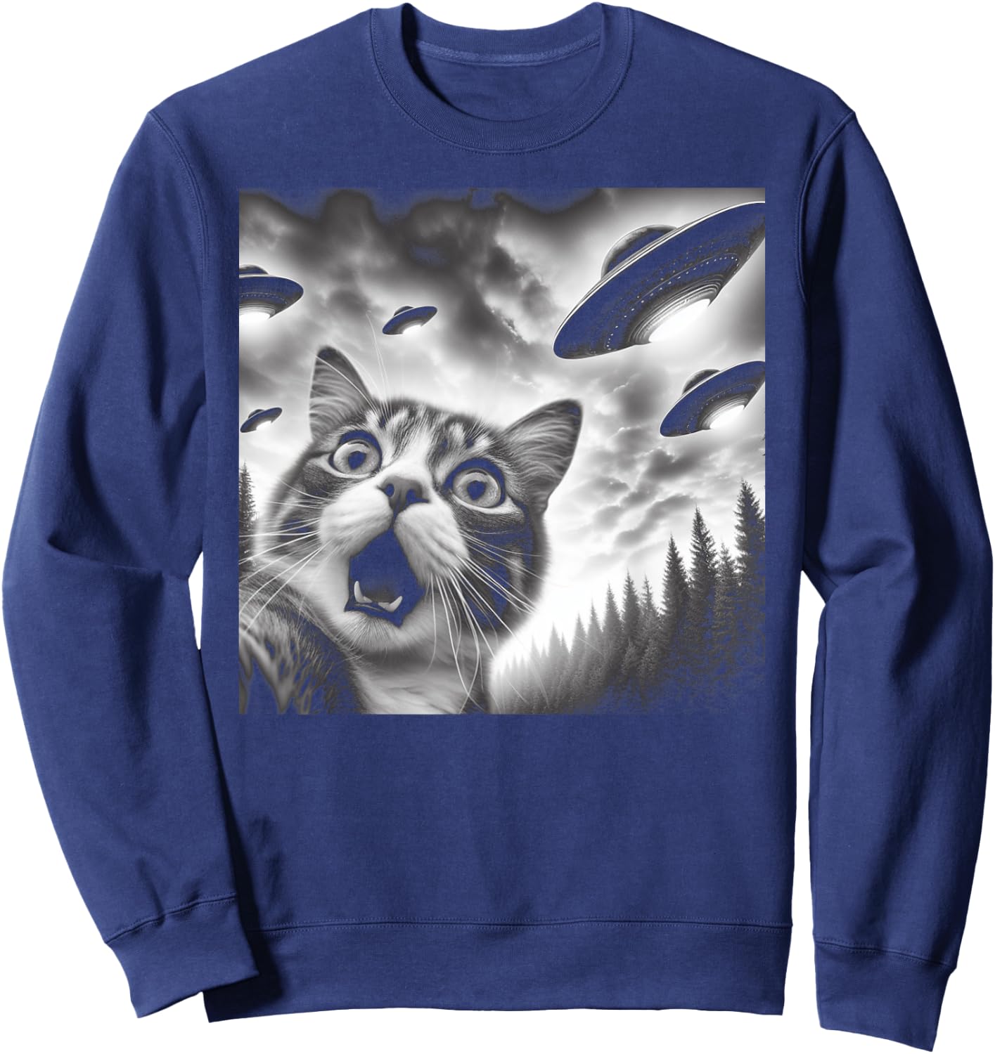 Funny Cat Selfie with UFOs Men Women Kids Sweatshirt - Sweatshirt | Navy