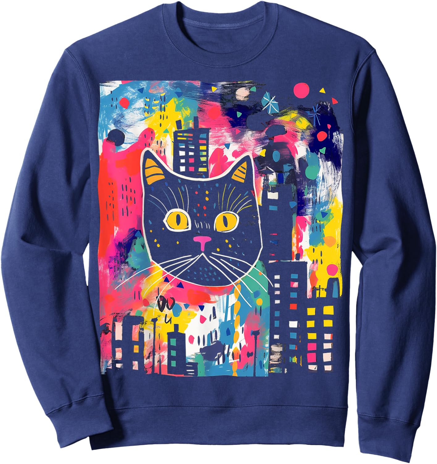 Cat Colorful Abstract Funny Animal Art Graphic Cat Women Kids Sweatshirt - Sweatshirt | Navy