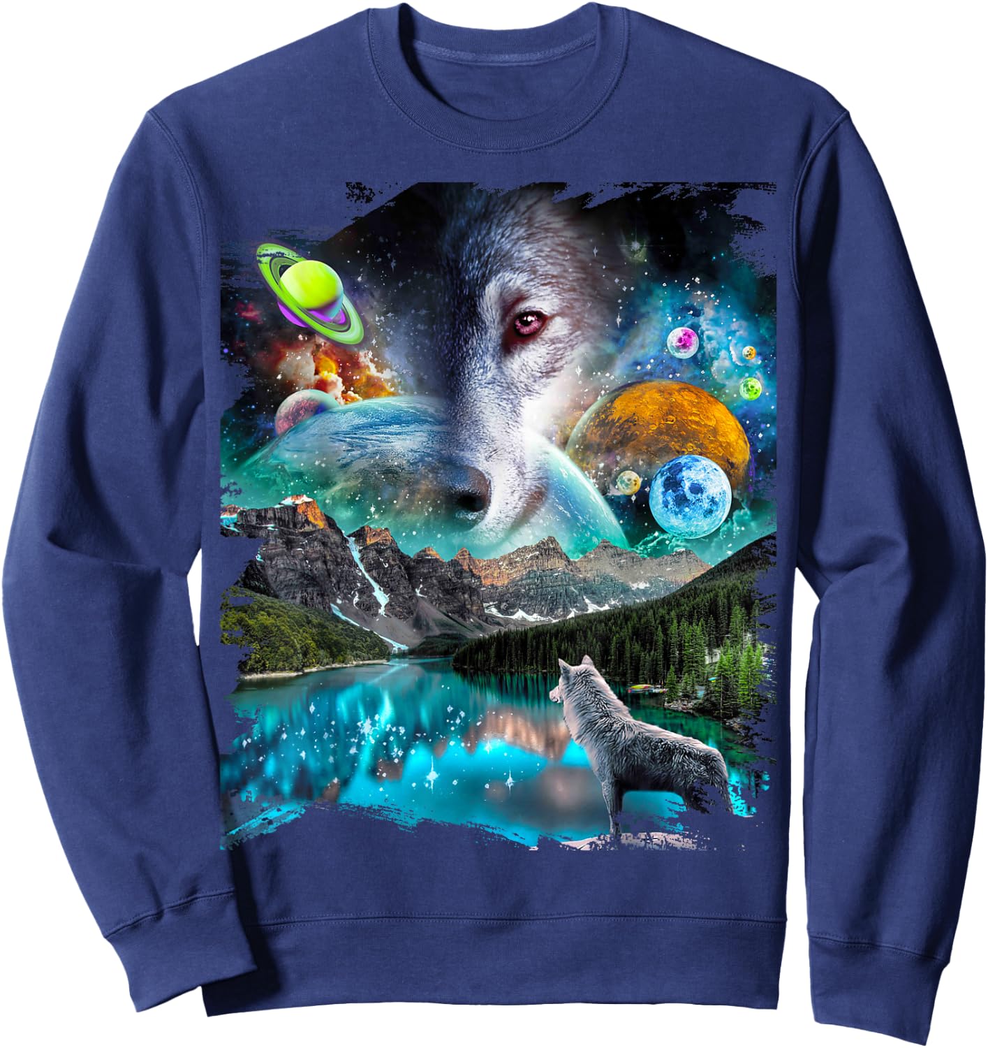 Celestial Cosmic Wolf, Space Planets Wolves Sweatshirt - Sweatshirt | Navy