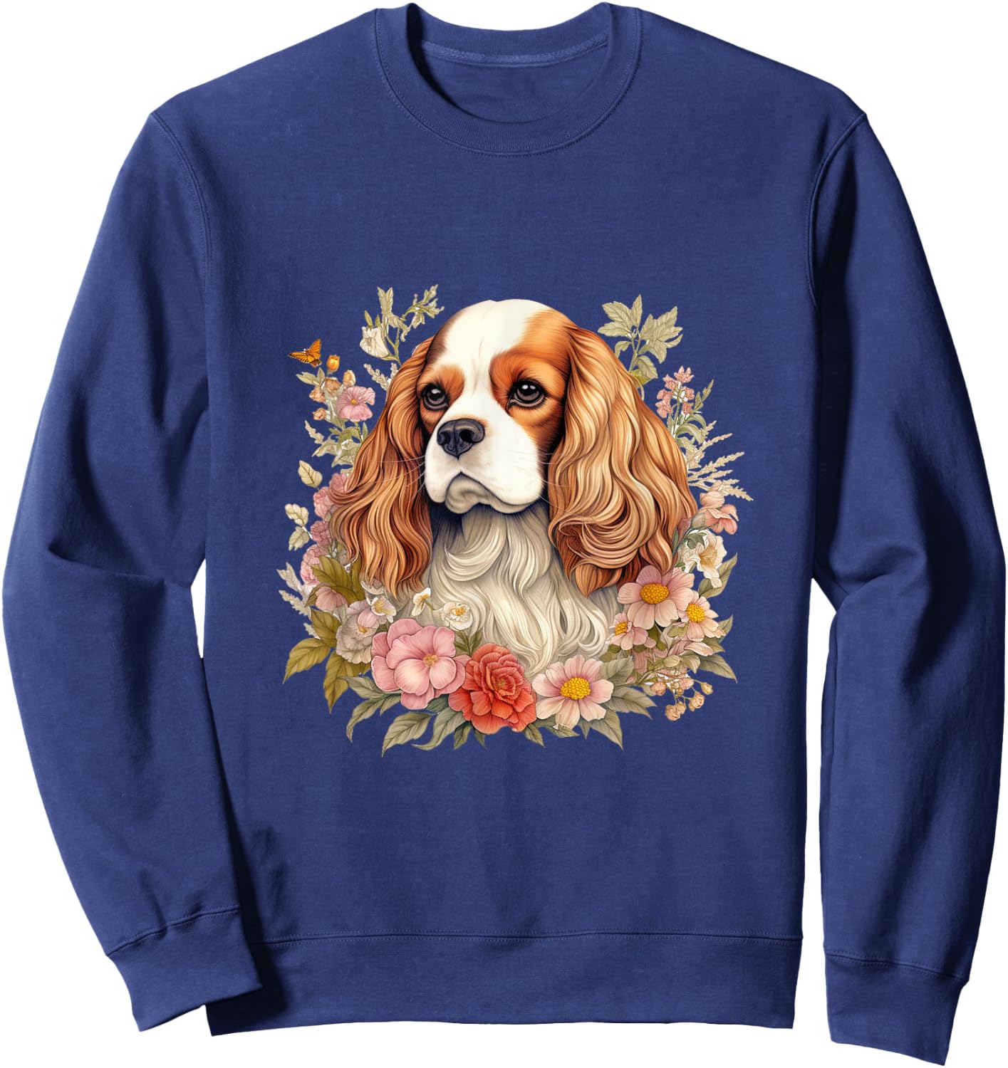 Cavalier King Charles Spaniel Dog with Flowers Floral Sweatshirt - Sweatshirt | Navy