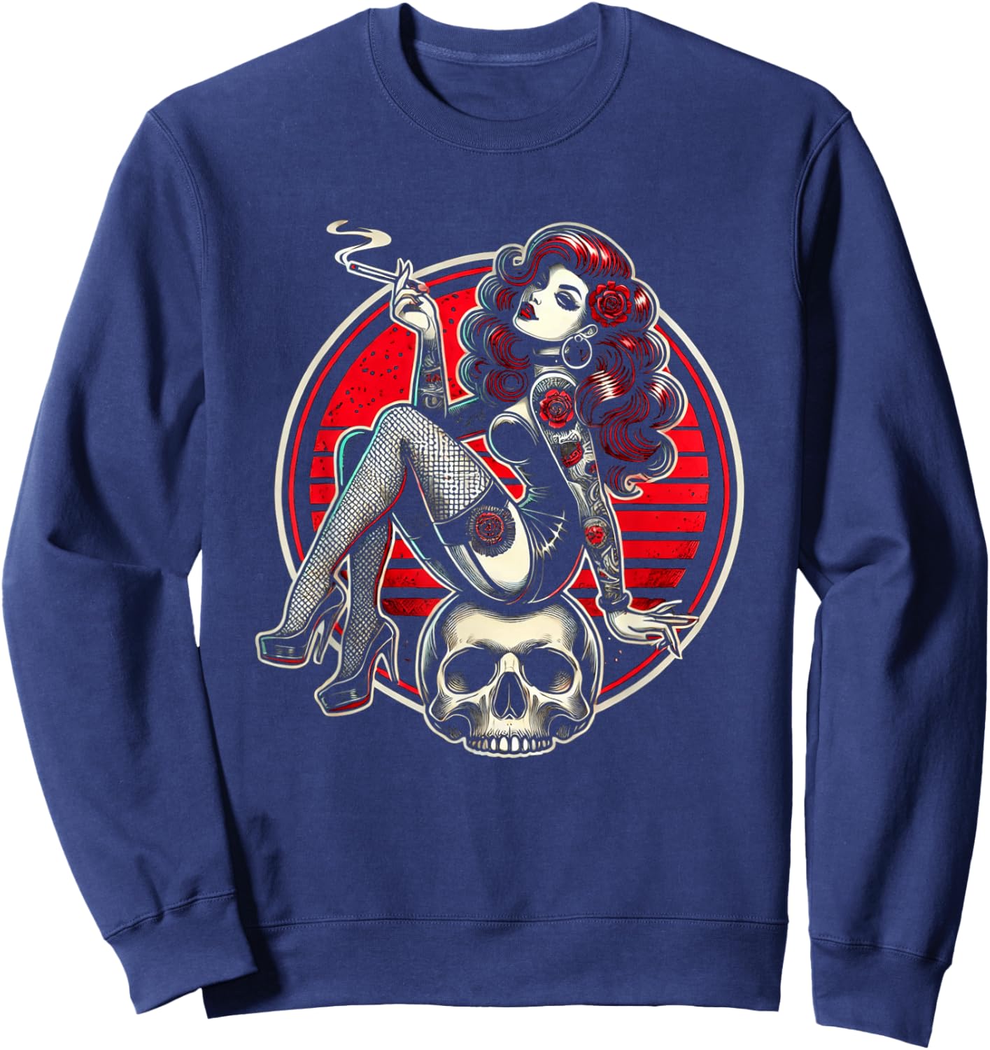 Tattoo Goth Pin-up Girl with Skull Vintage Horror Rockabilly Sweatshirt - Sweatshirt | Navy