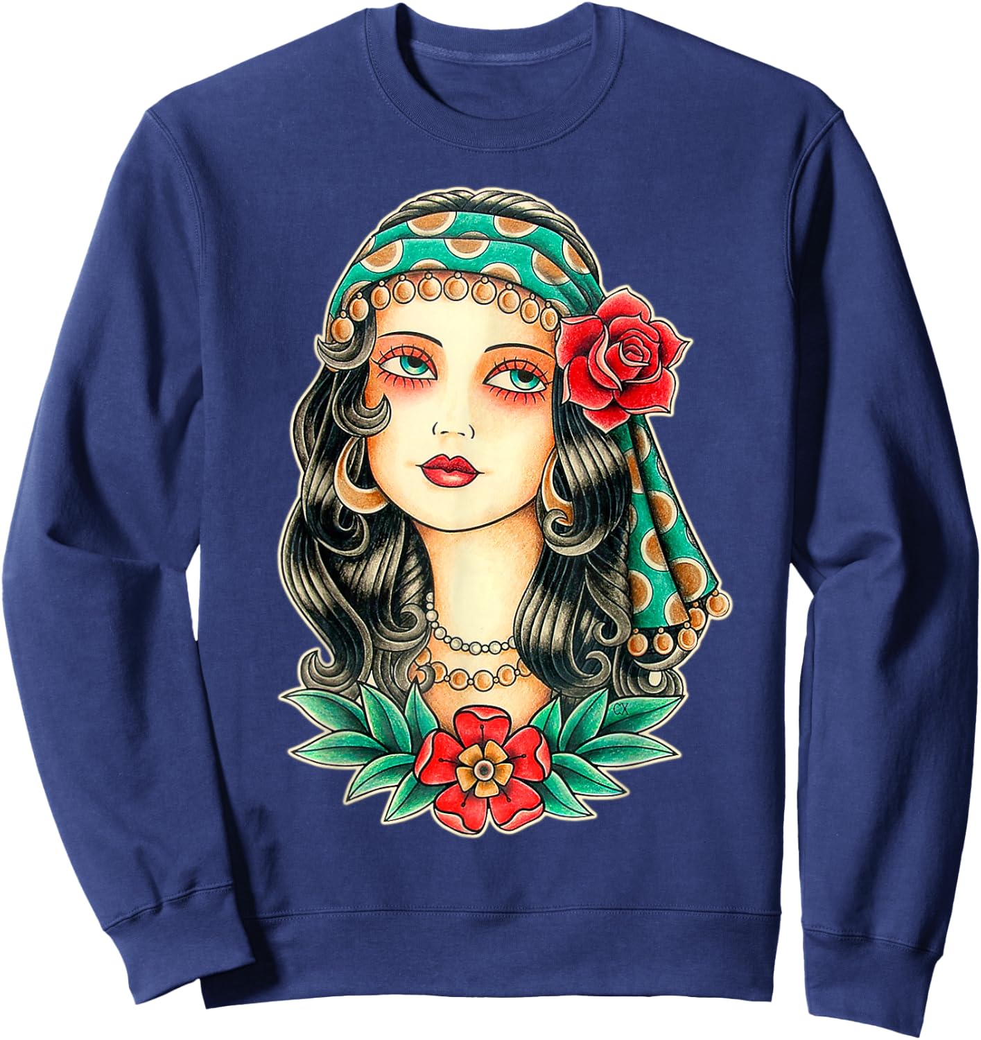Pretty Girl Gypsy Fortune Teller Traditional Tattoo Flash Sweatshirt - Sweatshirt | Navy