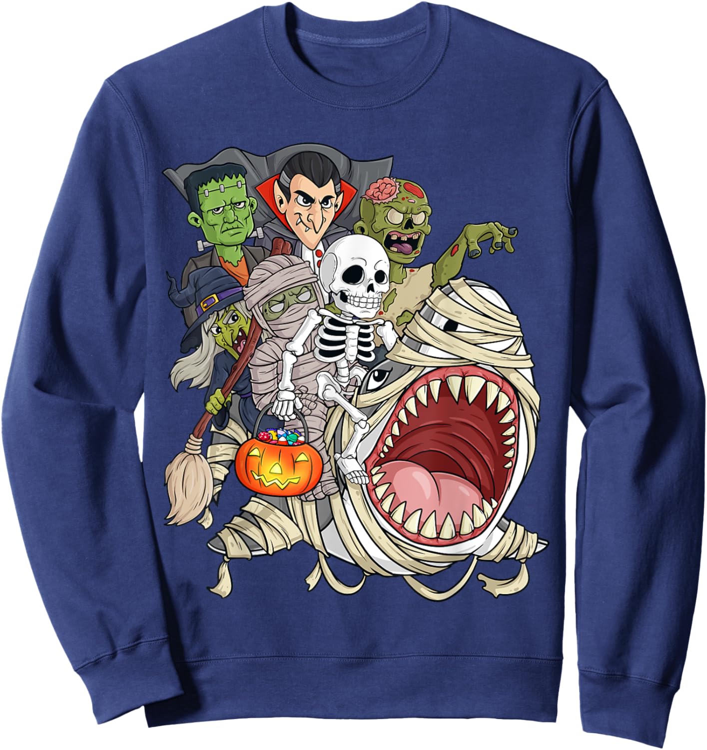 Skeleton Zombie Riding Mummy Shark Funny Halloween Pumpkin Sweatshirt - Sweatshirt | Navy
