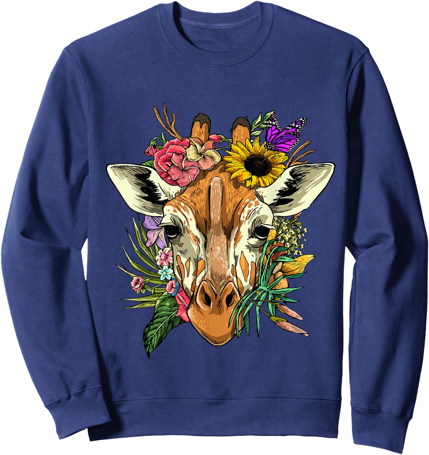 Floral Giraffe Shirt Nature Zoo Animal Face Giraffe Lover Sweatshirt - Sweatshirt | Navy