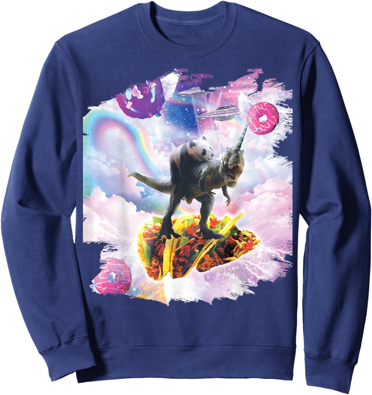 Space Panda Riding Dinosaur Unicorn - Taco & Donut Sweatshirt - Sweatshirt | Navy