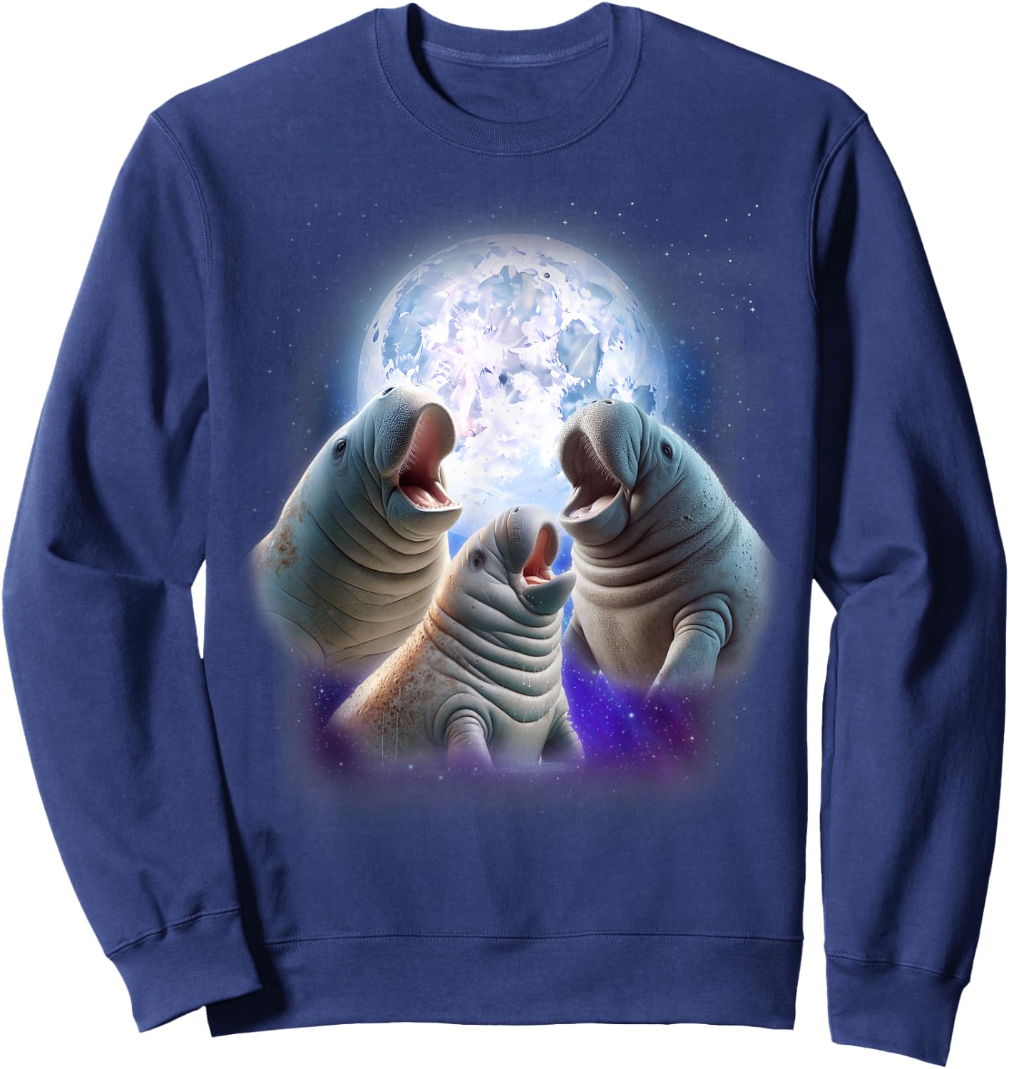 3 Manatees Howling At The Moon Funny Manatee Chubby Mermaid Sweatshirt - Sweatshirt | Navy