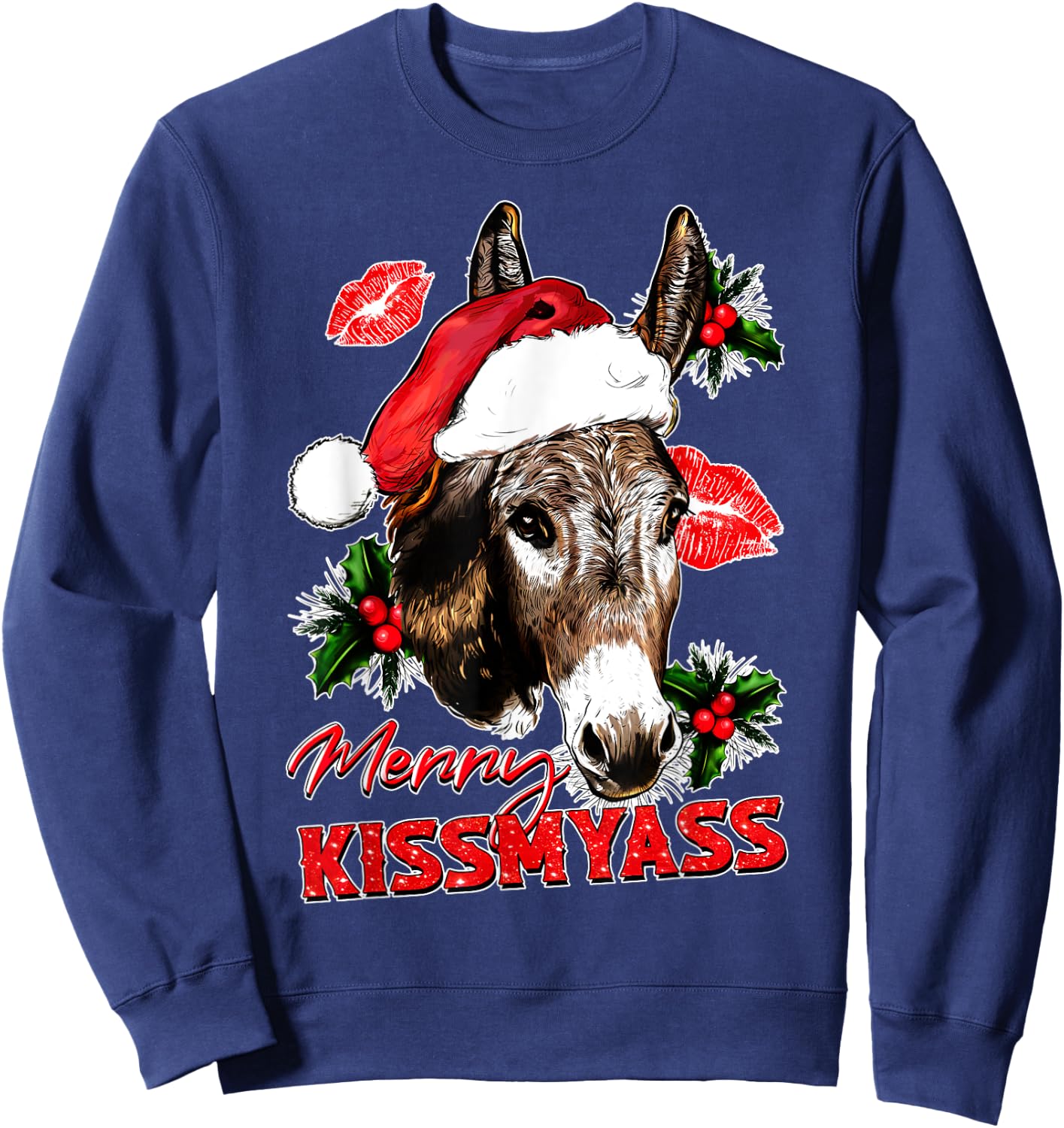 Merry Kissmyass Funny Donkey Lovers Sarcastic Christmas Sweatshirt - Sweatshirt | Navy