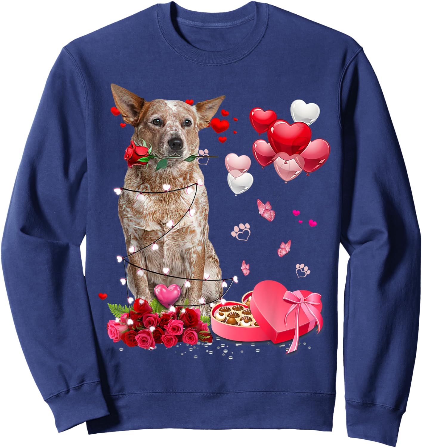 Funny Red Heeler Rose Heart Happy Valentine Day Dog Mom Sweatshirt - Sweatshirt | Navy