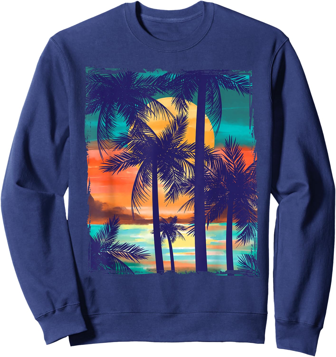 Orange and Aqua Sunset with Silhouetted Palm Trees Sweatshirt - Sweatshirt | Navy