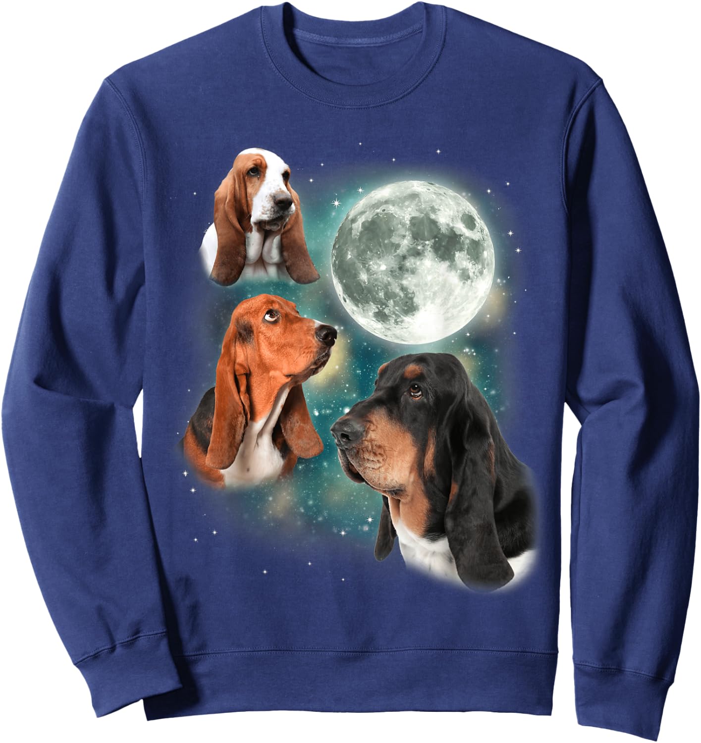 Basset Hound Moon | 3 Funny Canines Howl At Moon Cute Dog Sweatshirt - Sweatshirt | Navy