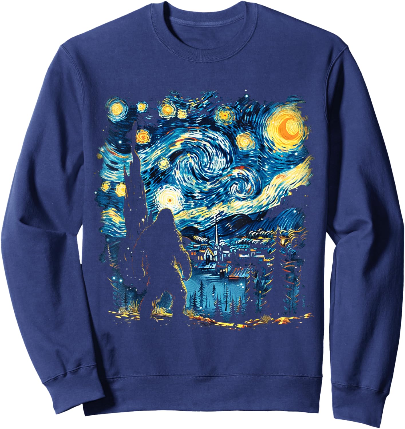 Funny Bigfoot Starry Night Sasquatch Van Gogh Sky Painting Sweatshirt - Sweatshirt | Navy