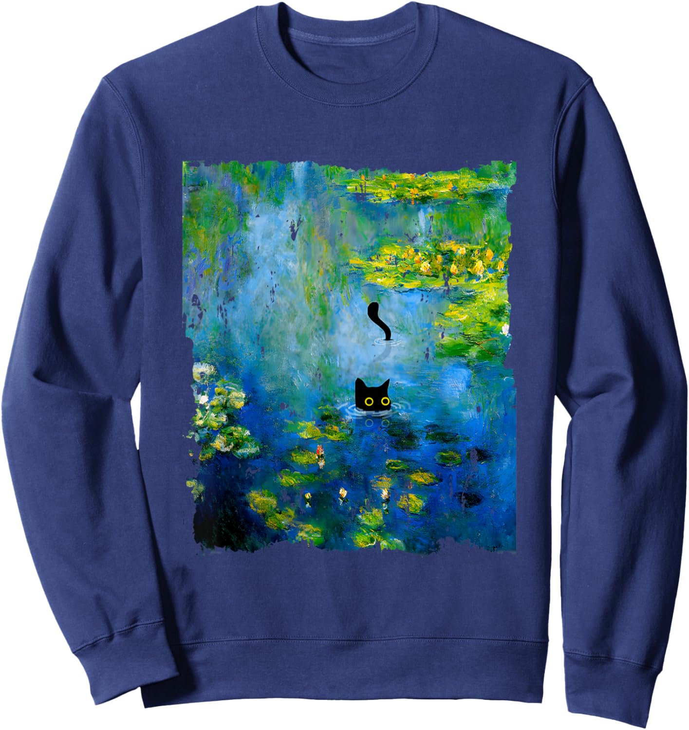 Black Cat Monets Waterlily Painting Art Cat Lover Sweatshirt - Sweatshirt | Navy