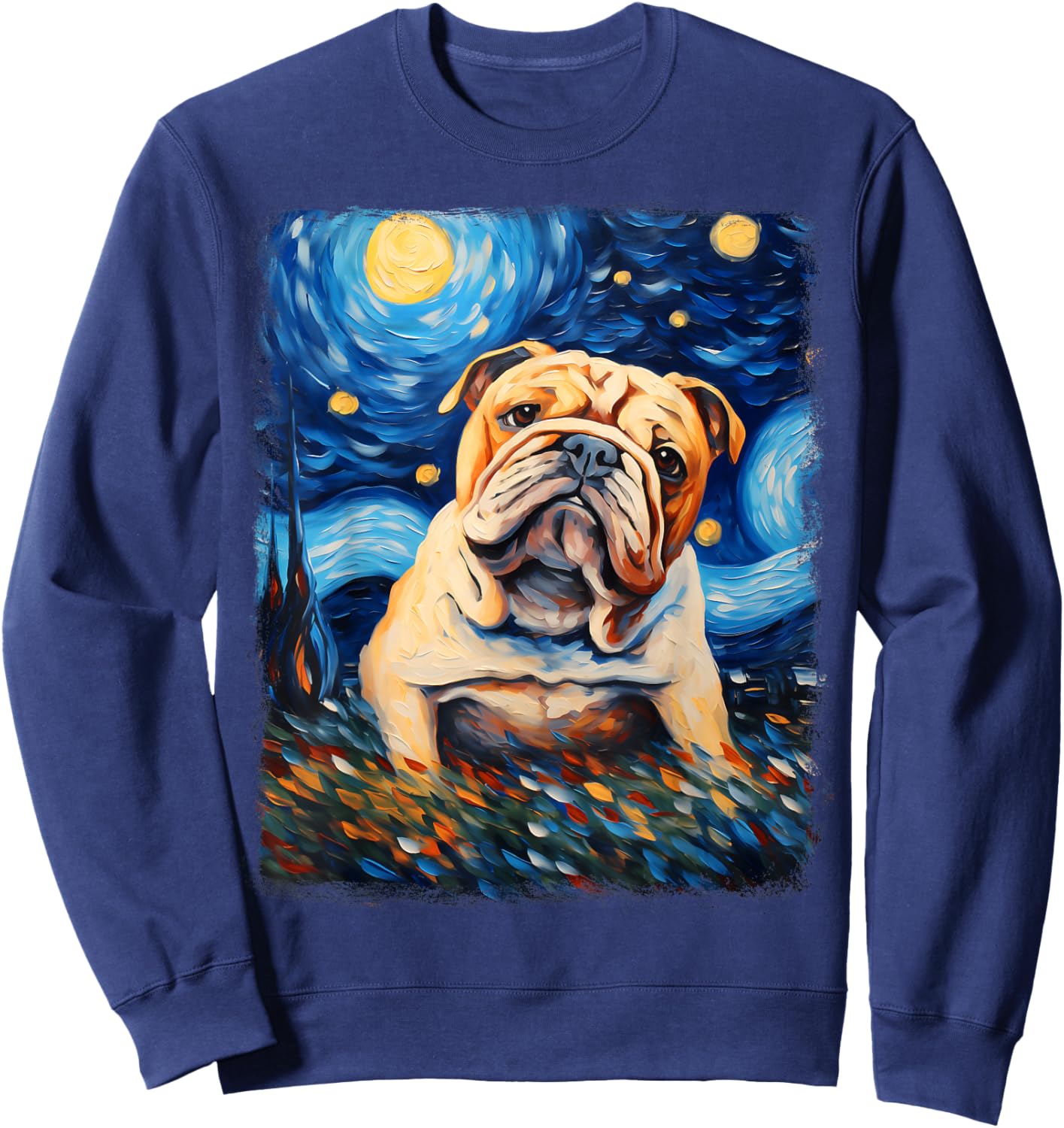 Bulldog Dog Starry Night Painting Sweatshirt - Sweatshirt | Navy