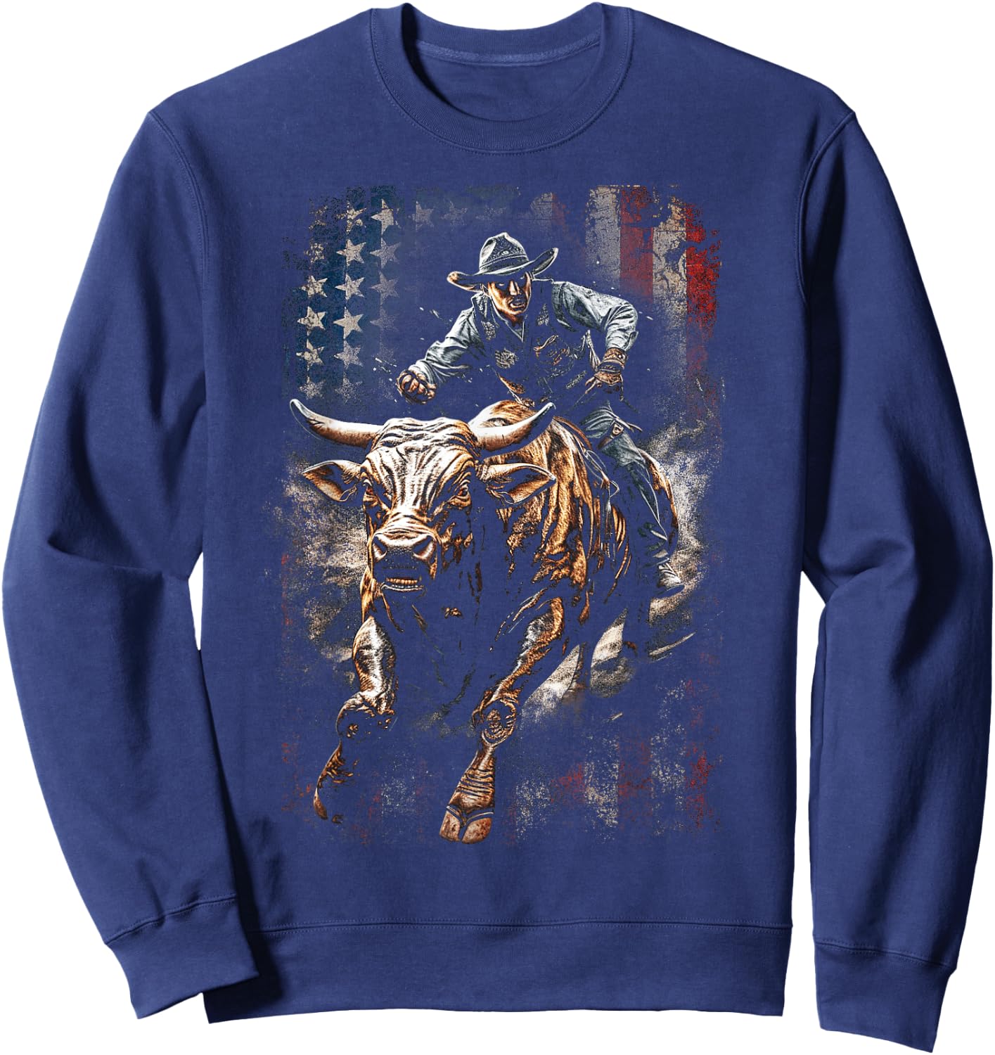Vintage American Flag Bucking Bull Riding Patriotism Rodeo Kids Men Sweatshirt - Sweatshirt | Navy