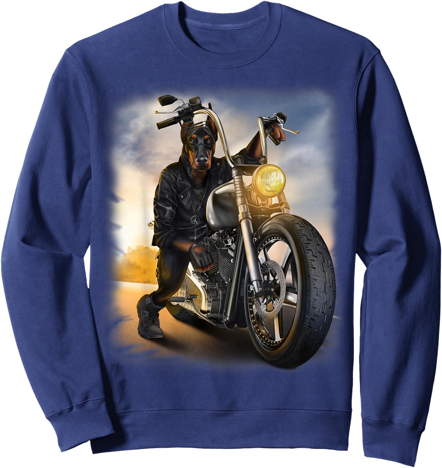 Doberman Dog Biker Riding Motorcycle at Sunset Sweatshirt - Sweatshirt | Navy
