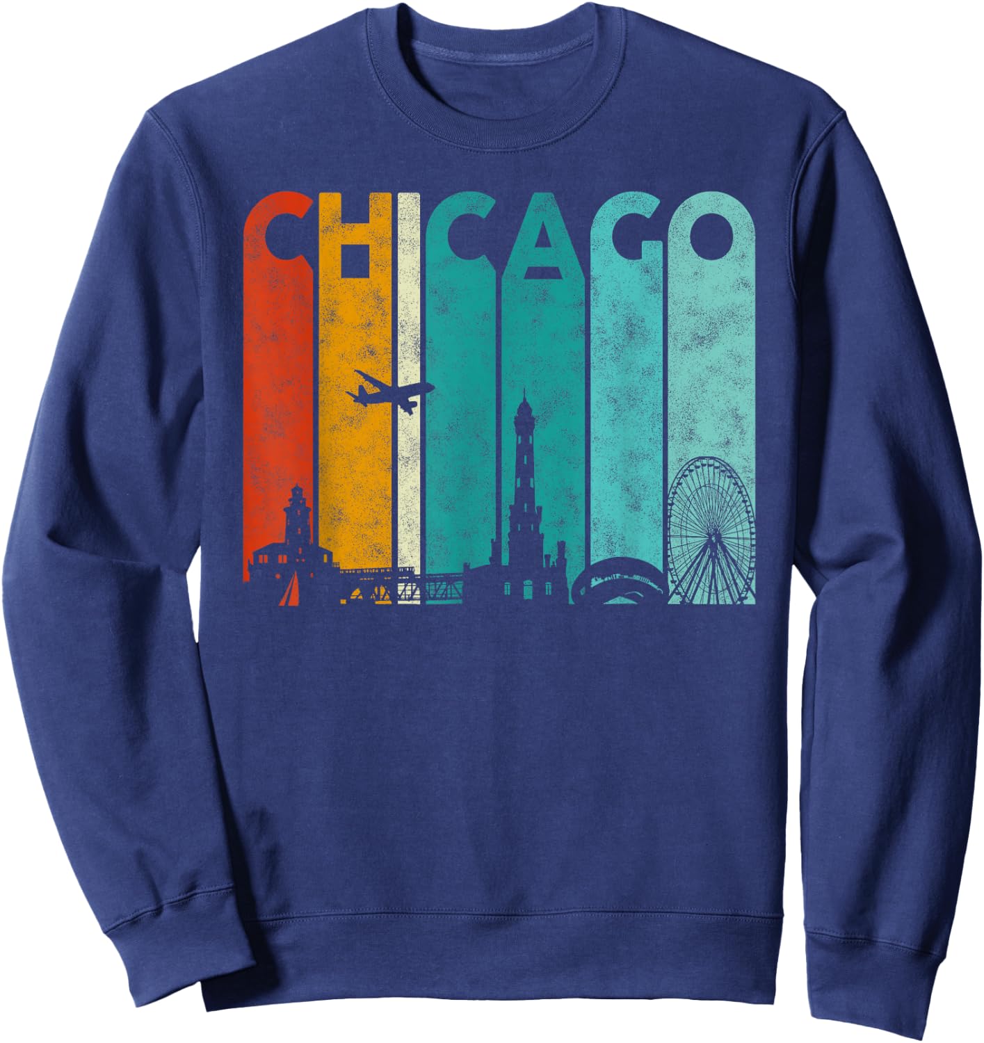 Vintage Retro Style Chicago city Skyline Airplane Chicago Sweatshirt - Sweatshirt | Navy