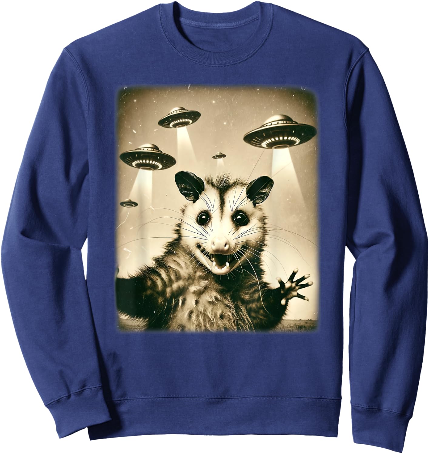 Funny Opossum Selfie With UFO Alien Humor Hilarious Possum Sweatshirt - Sweatshirt | Navy