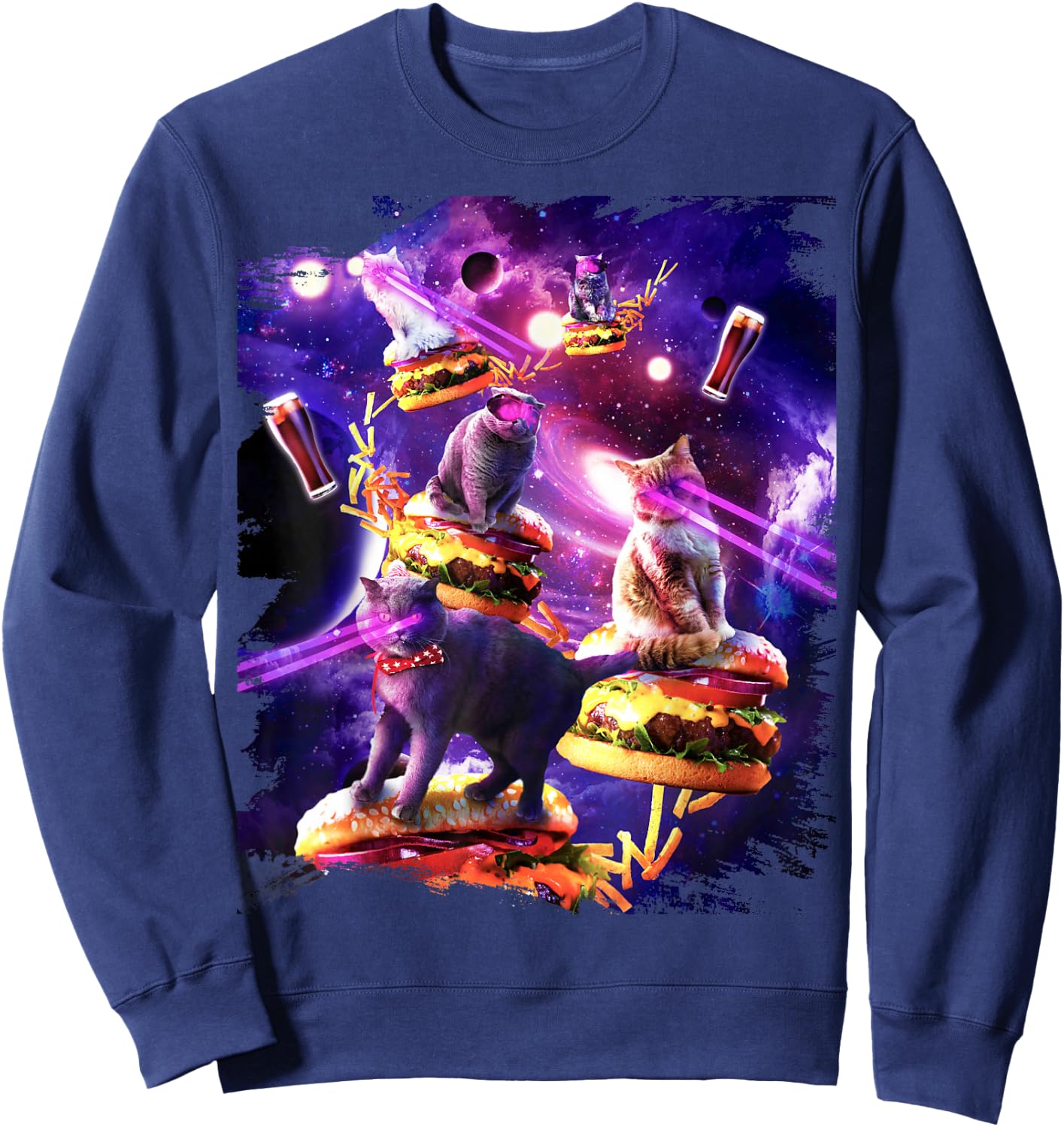 Galaxy Laser Cat On Burger - Space Cheeseburger Cats Sweatshirt - Sweatshirt | Navy