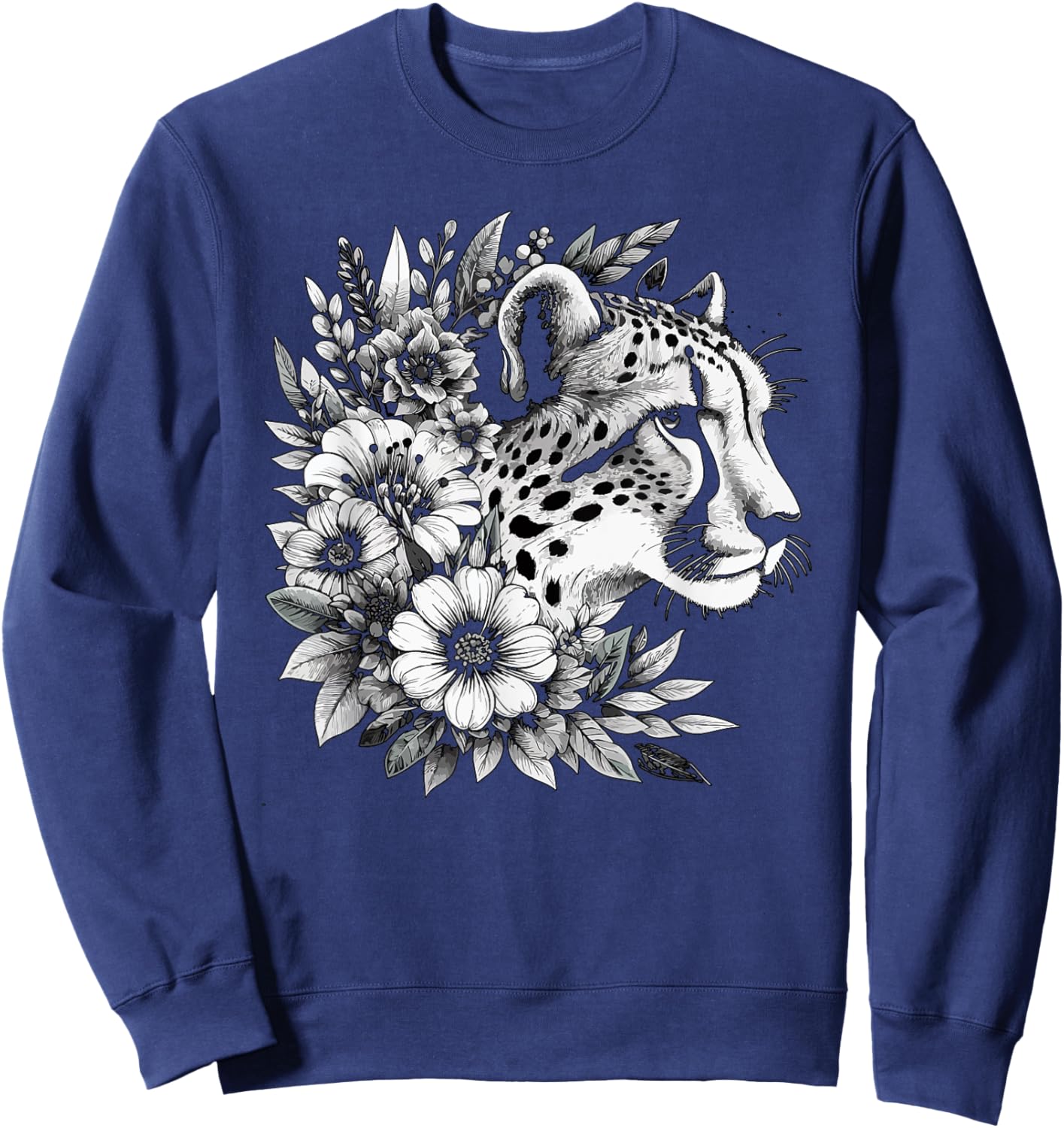 Cheetah Face Animal Print Big Cat Wildlife Flowers Design Women Kids Sweatshirt - Sweatshirt | Navy