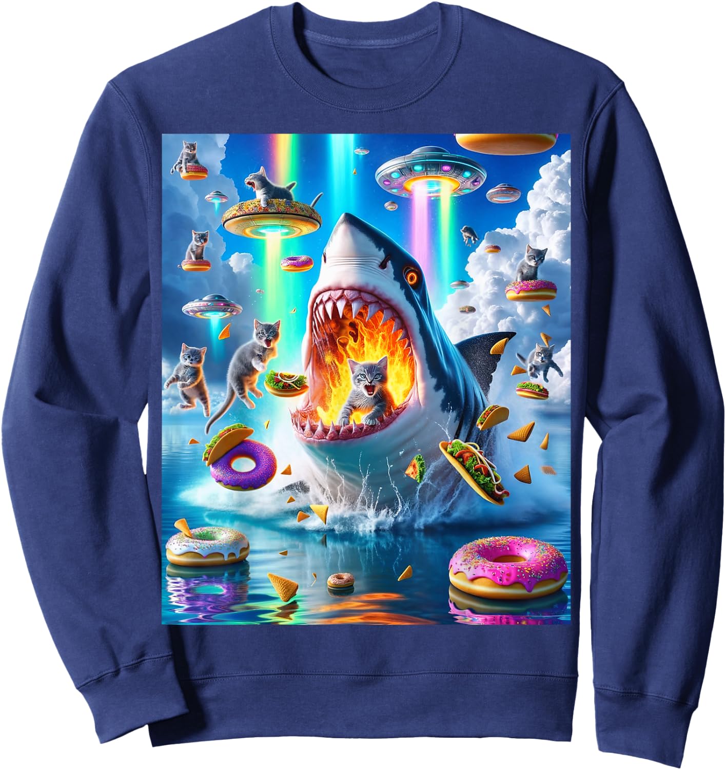 Cat Kitty Riding Fire Breathing Shark Rainbow Laser Taco Women Sweatshirt - Sweatshirt | Navy