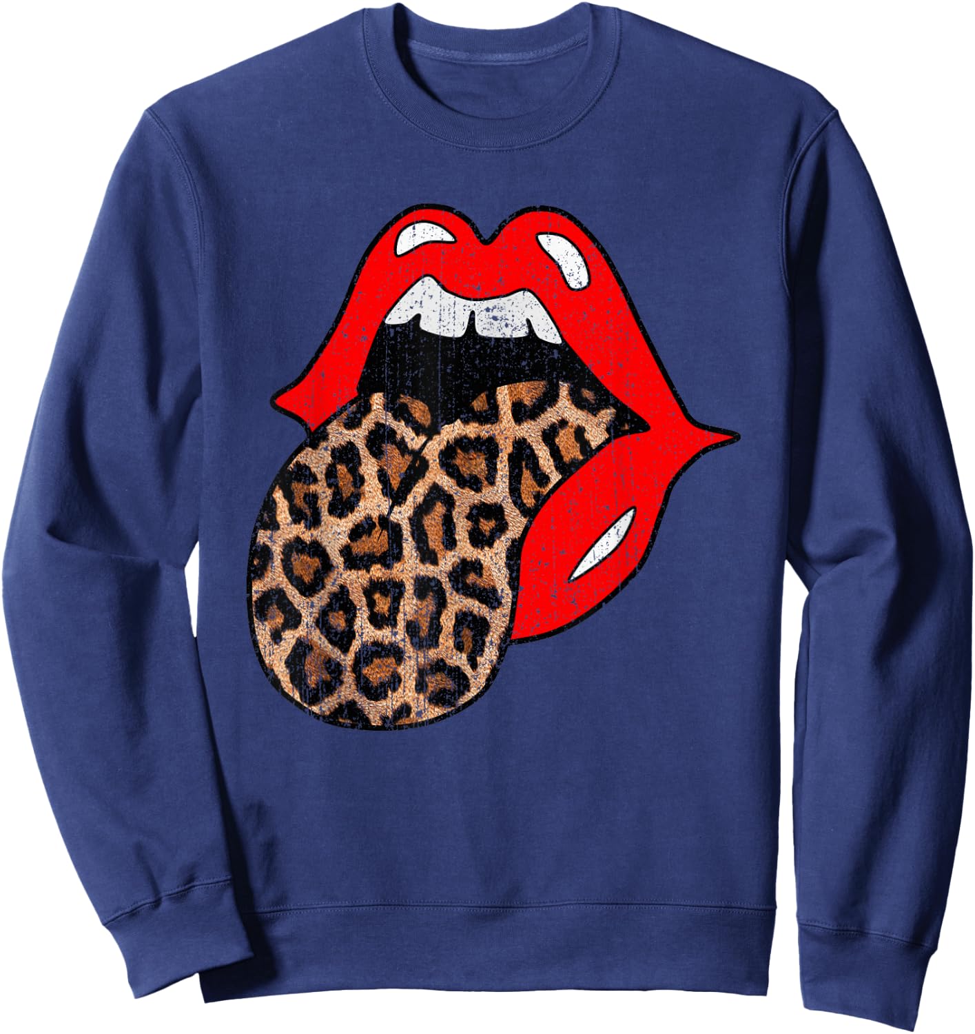 Red Lips Leopard Tongue Shirt Vintage Trendy Animal Print Sweatshirt - Sweatshirt | Navy