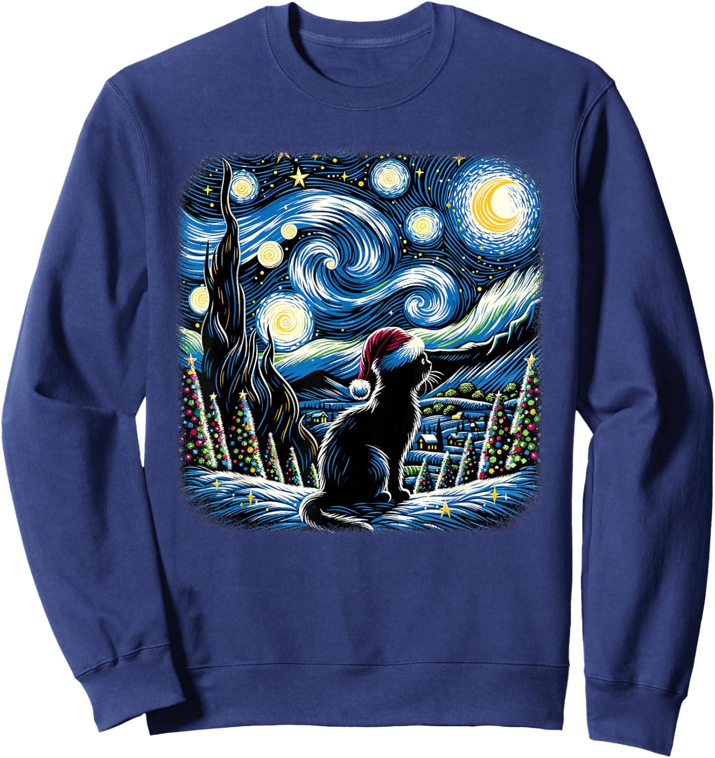 Van Gogh Starry Night Festive Christmas Black Cat Santa Hat Sweatshirt - Sweatshirt | Navy